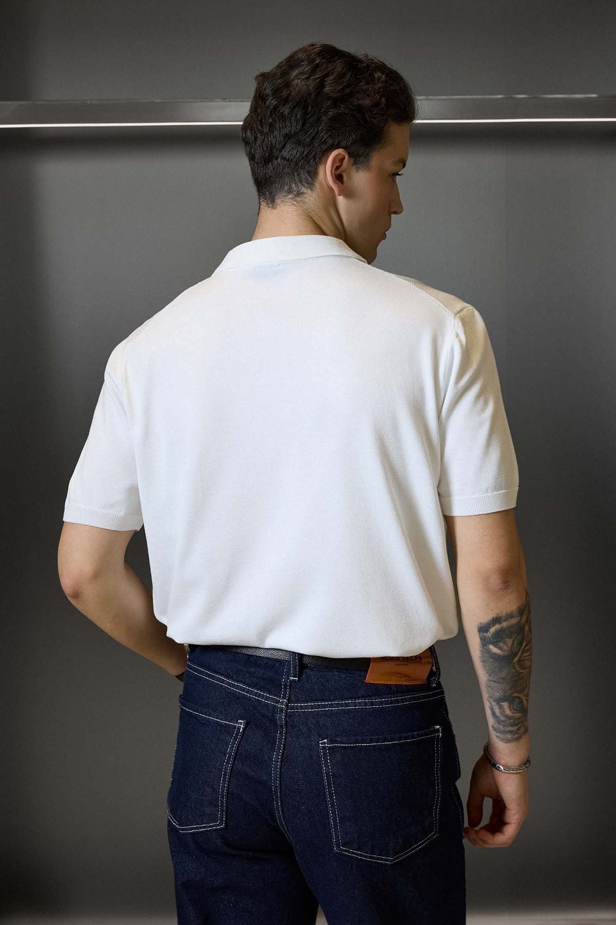 Erkek Regular Fit Örme Kumaş Basic Polo Yaka T-Shirt Beyaz