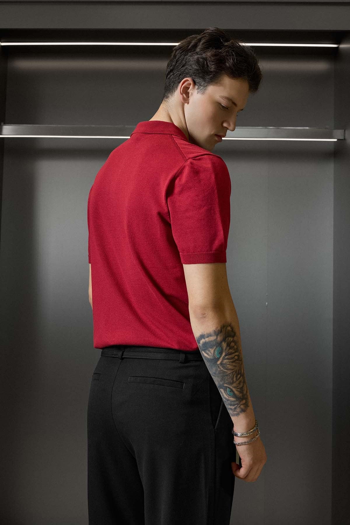 Erkek Regular Fit Örme Kumaş Basic Polo Yaka T-Shirt Kırmızı
