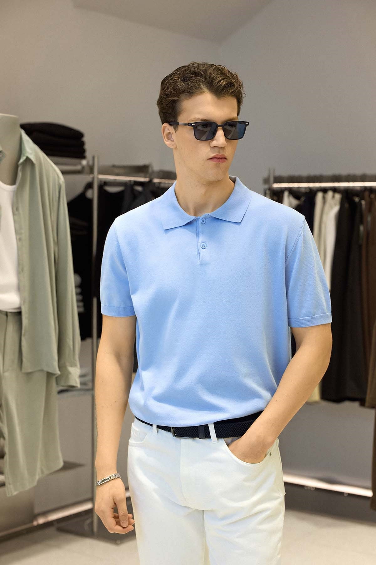 Erkek Regular Fit Örme Kumaş Basic Polo Yaka T-Shirt Açık Mavi