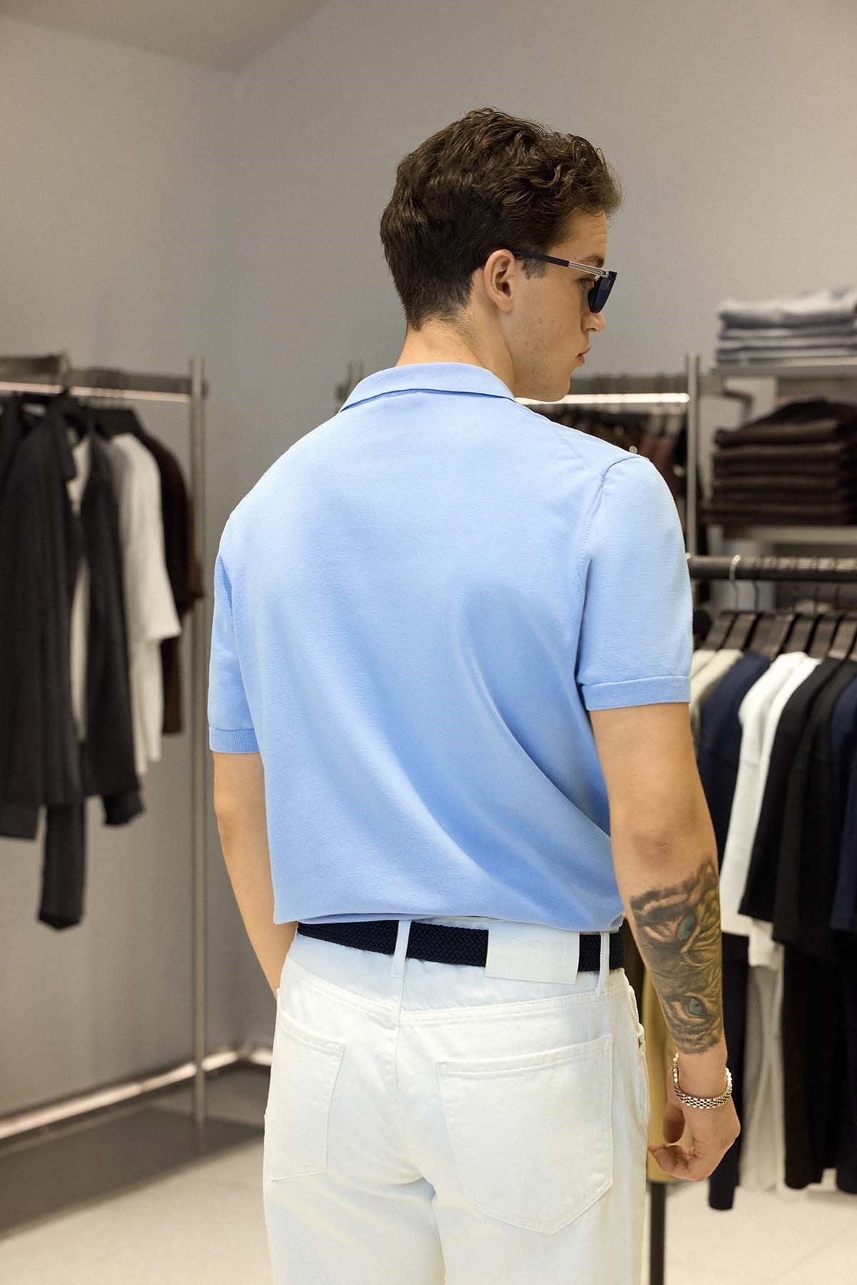 Erkek Regular Fit Örme Kumaş Basic Polo Yaka T-Shirt Açık Mavi