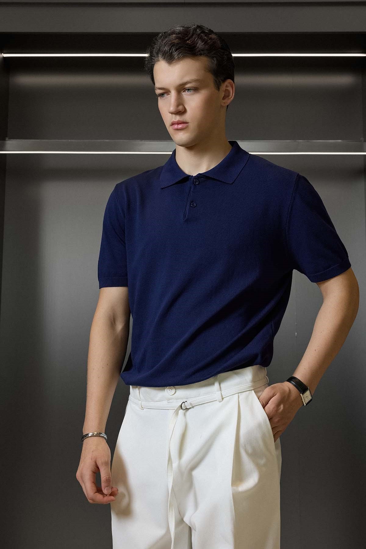 Erkek Regular Fit Örme Kumaş Basic Polo Yaka T-Shirt Lacivert