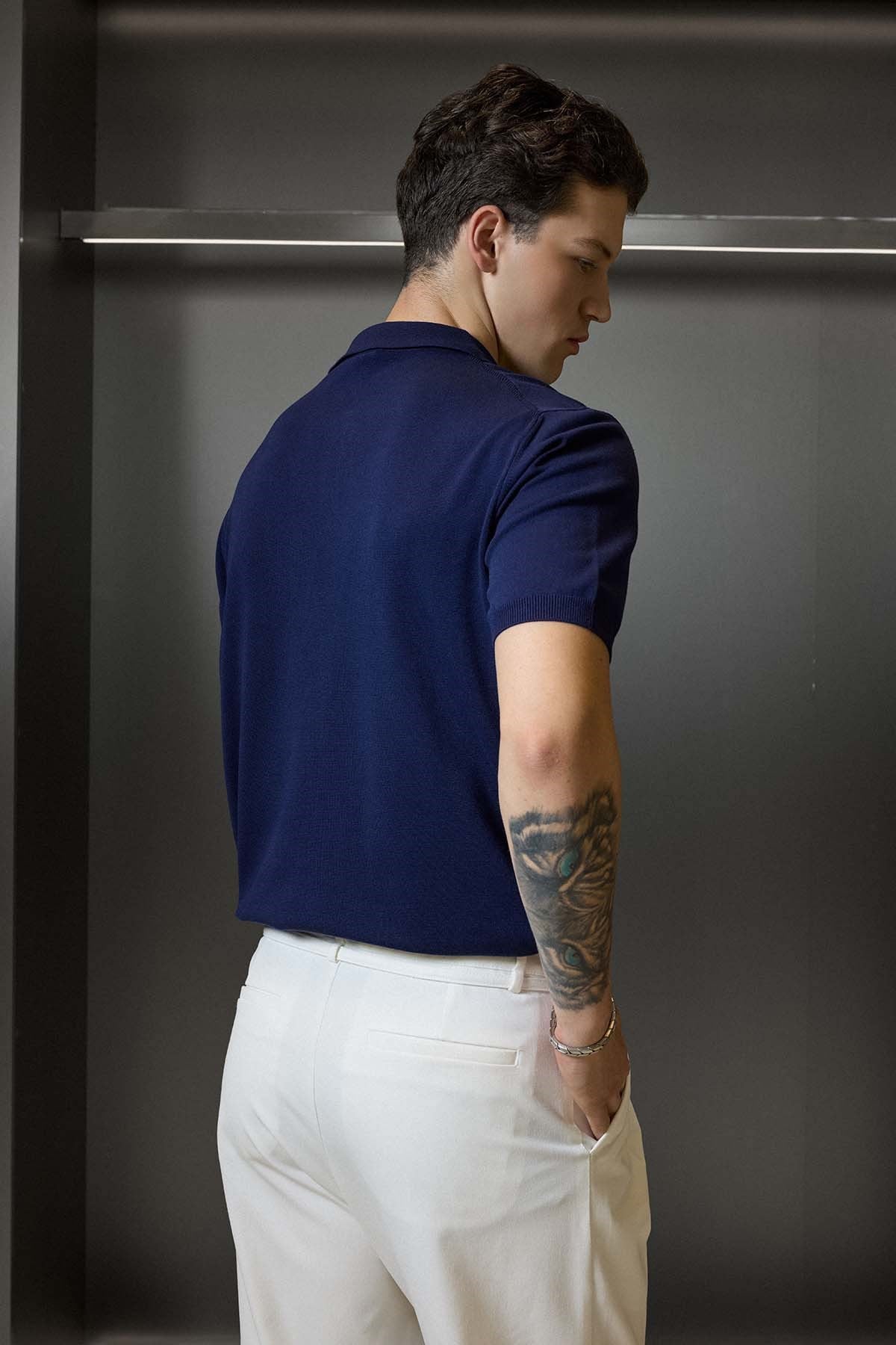 Erkek Regular Fit Örme Kumaş Basic Polo Yaka T-Shirt Lacivert