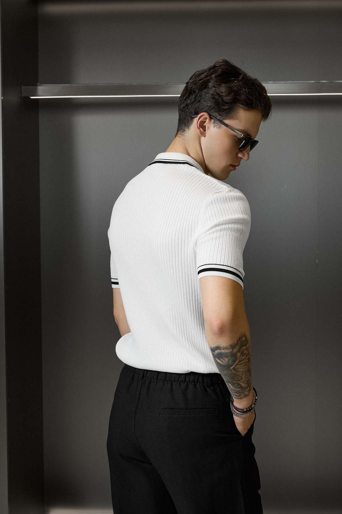 Erkek Regular Fit Pamuklu Kontrast Detaylı Polo Yaka T-Shirt Beyaz