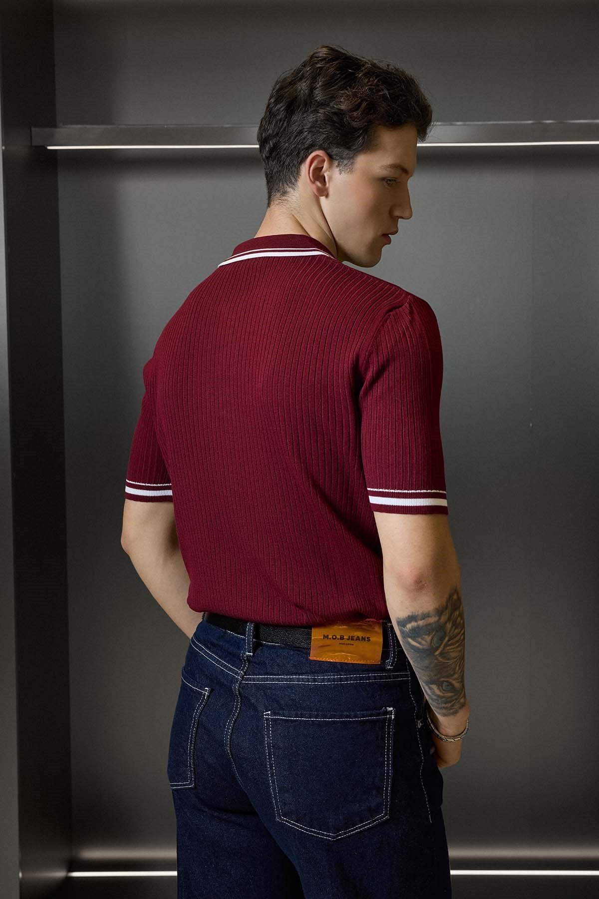 Erkek Regular Fit Pamuklu Kontrast Detaylı Polo Yaka T-Shirt Bordo