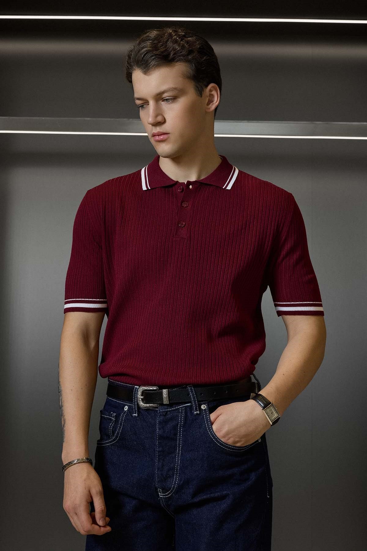 Erkek Regular Fit Pamuklu Kontrast Detaylı Polo Yaka T-Shirt Bordo