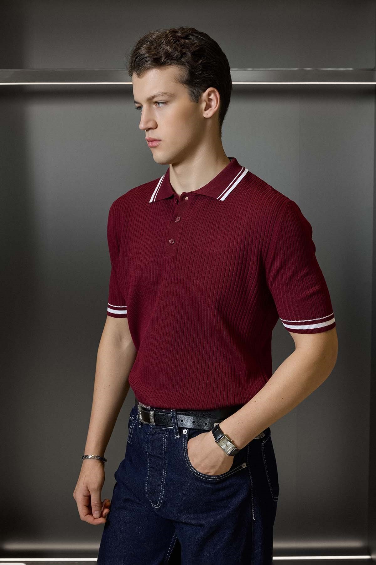 Erkek Regular Fit Pamuklu Kontrast Detaylı Polo Yaka T-Shirt Bordo