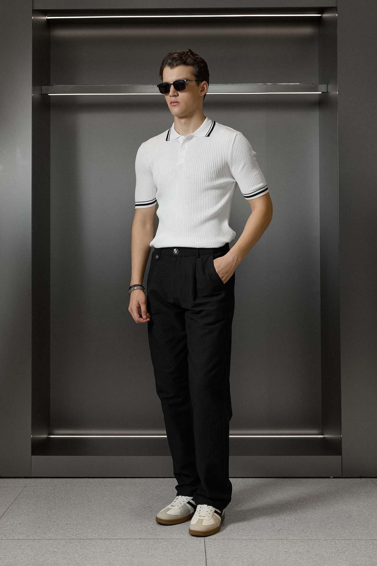 Erkek Regular Fit Pamuklu Kontrast Detaylı Polo Yaka T-Shirt Beyaz