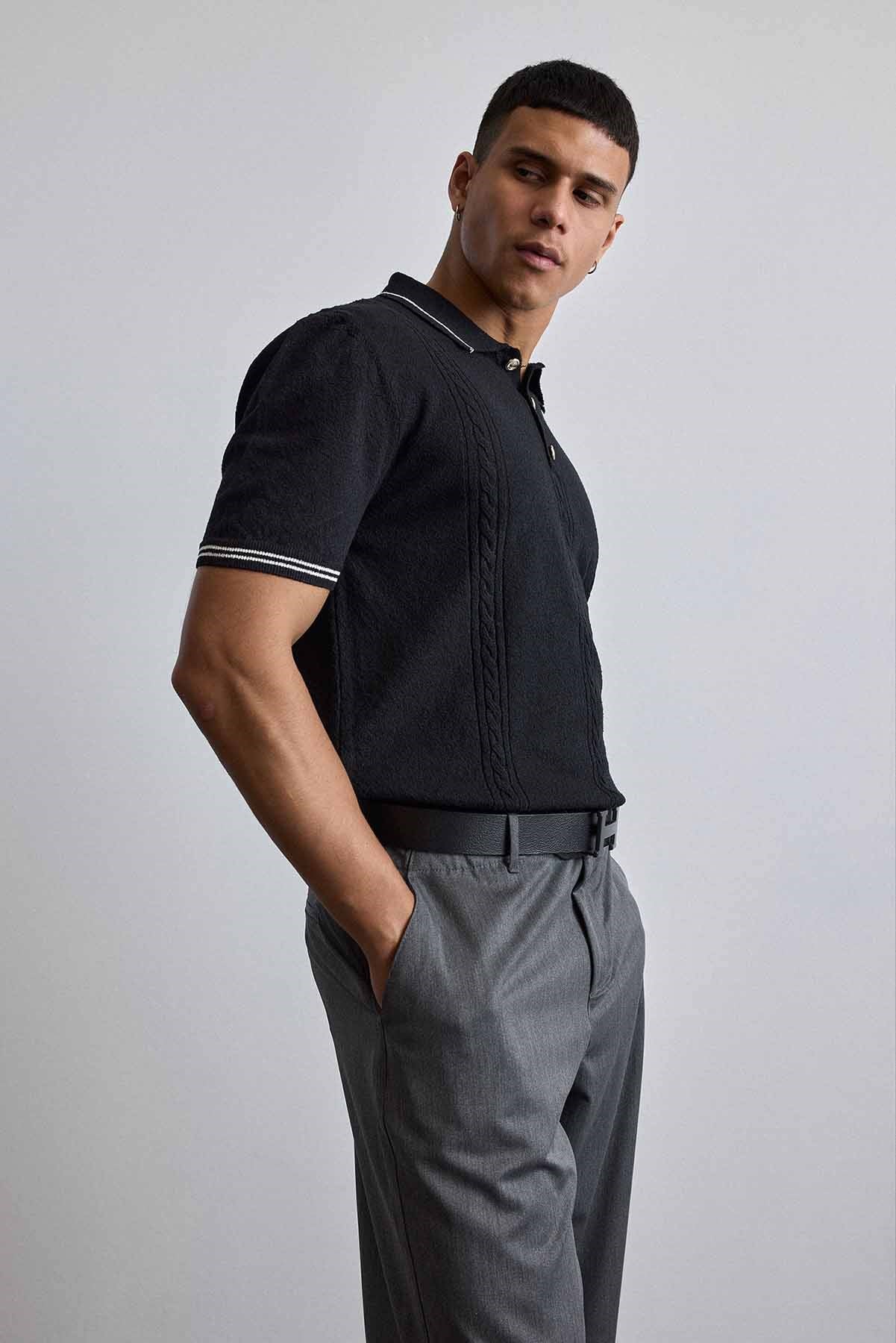 Erkek Regular Fit Saç Örgü Detaylı Triko Polo Yaka T Shirt Siyah