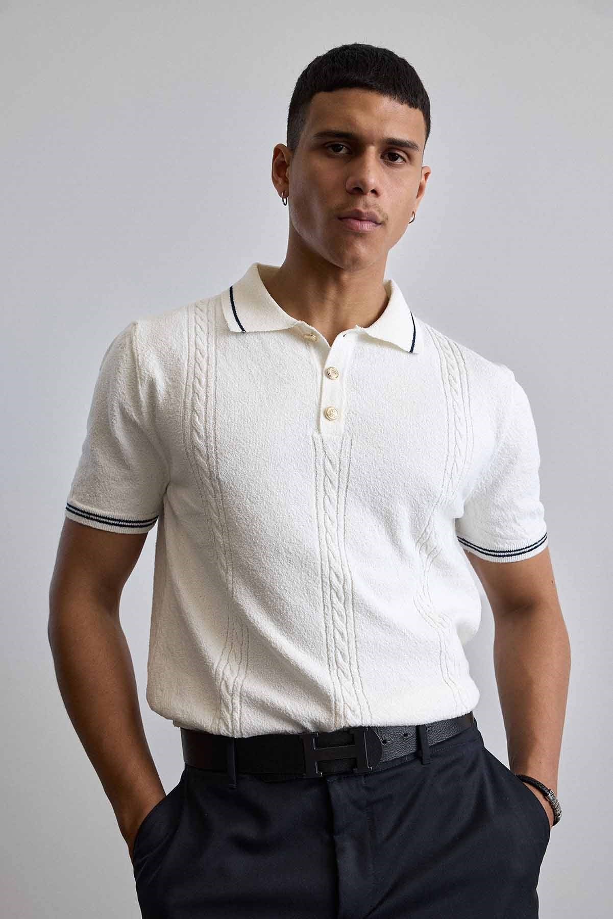 Erkek Regular Fit Saç Örgü Detaylı Triko Polo Yaka T Shirt Beyaz