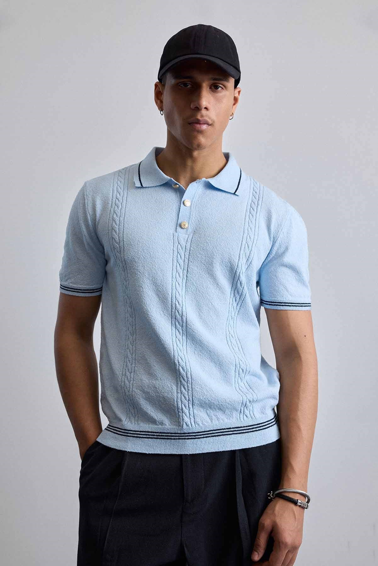 Erkek Regular Fit Saç Örgü Detaylı Triko Polo Yaka T Shirt Mavi