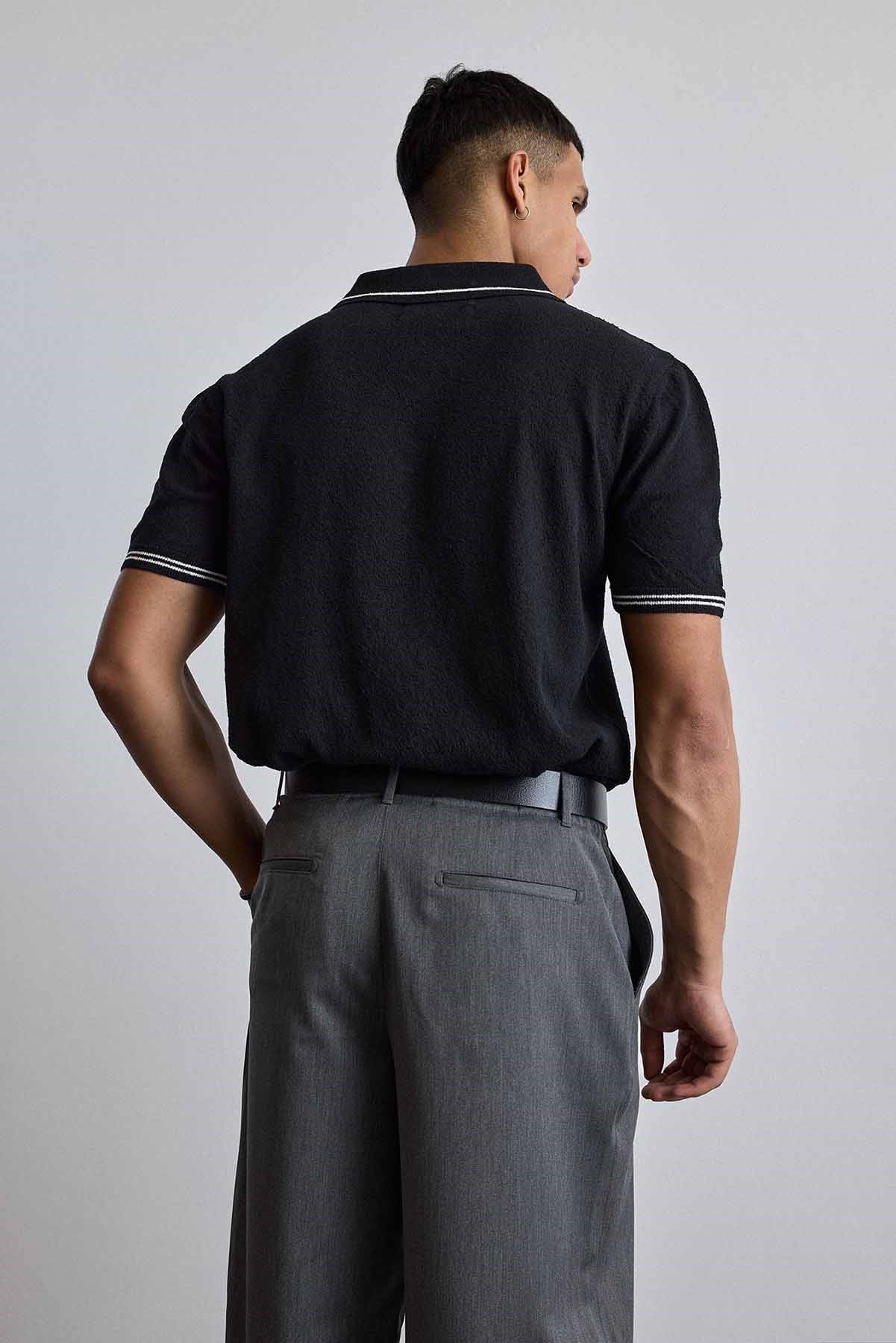 Erkek Regular Fit Saç Örgü Detaylı Triko Polo Yaka T Shirt Siyah