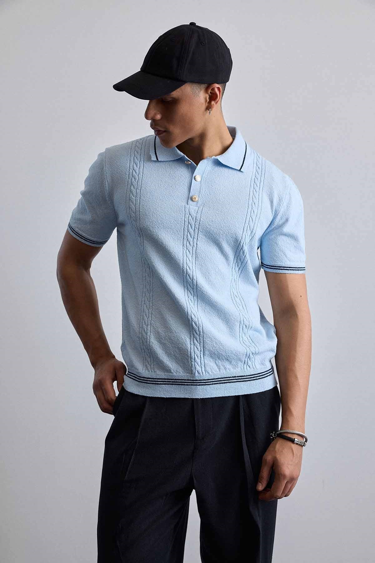 Erkek Regular Fit Saç Örgü Detaylı Triko Polo Yaka T Shirt Mavi