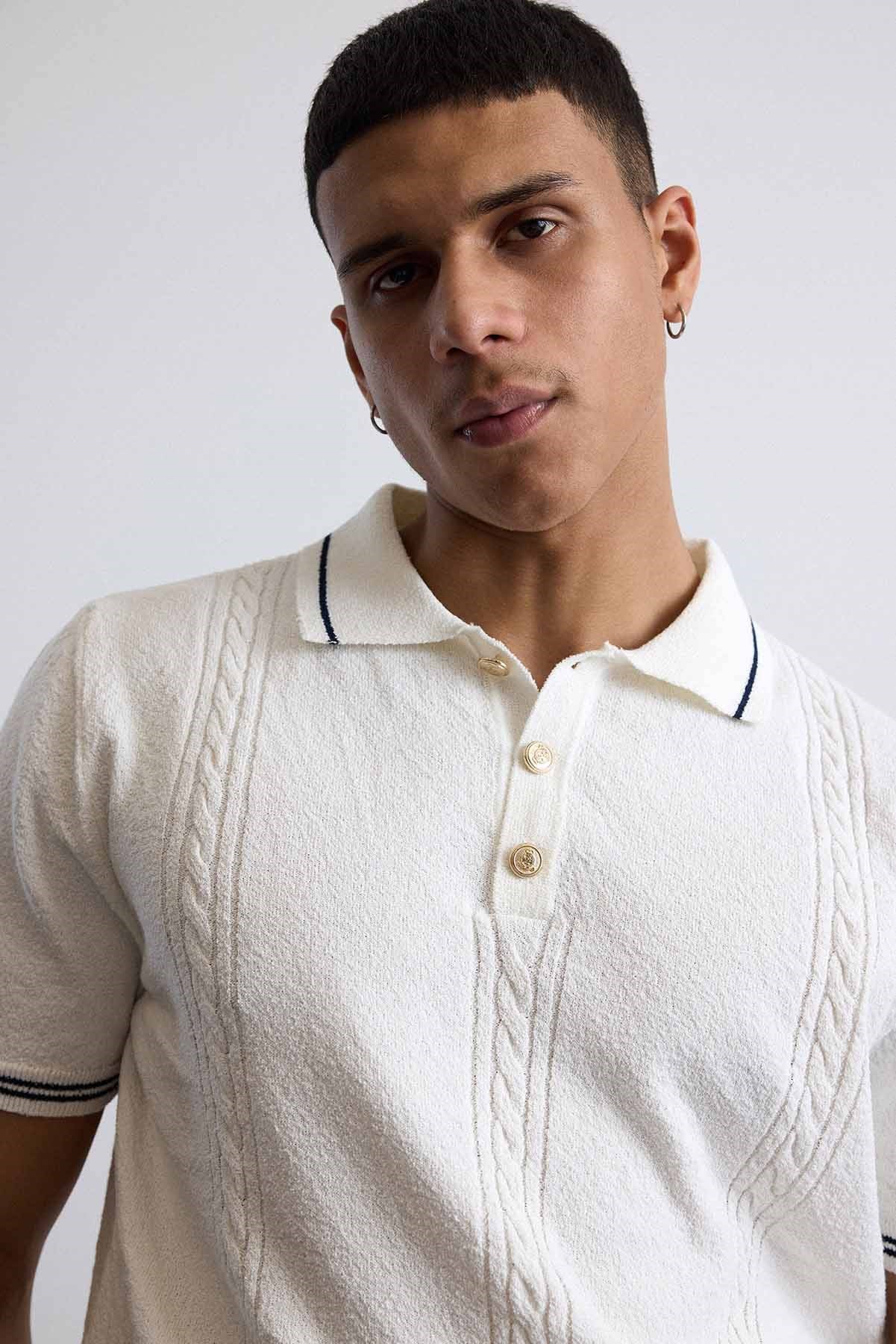 Erkek Regular Fit Saç Örgü Detaylı Triko Polo Yaka T Shirt Beyaz