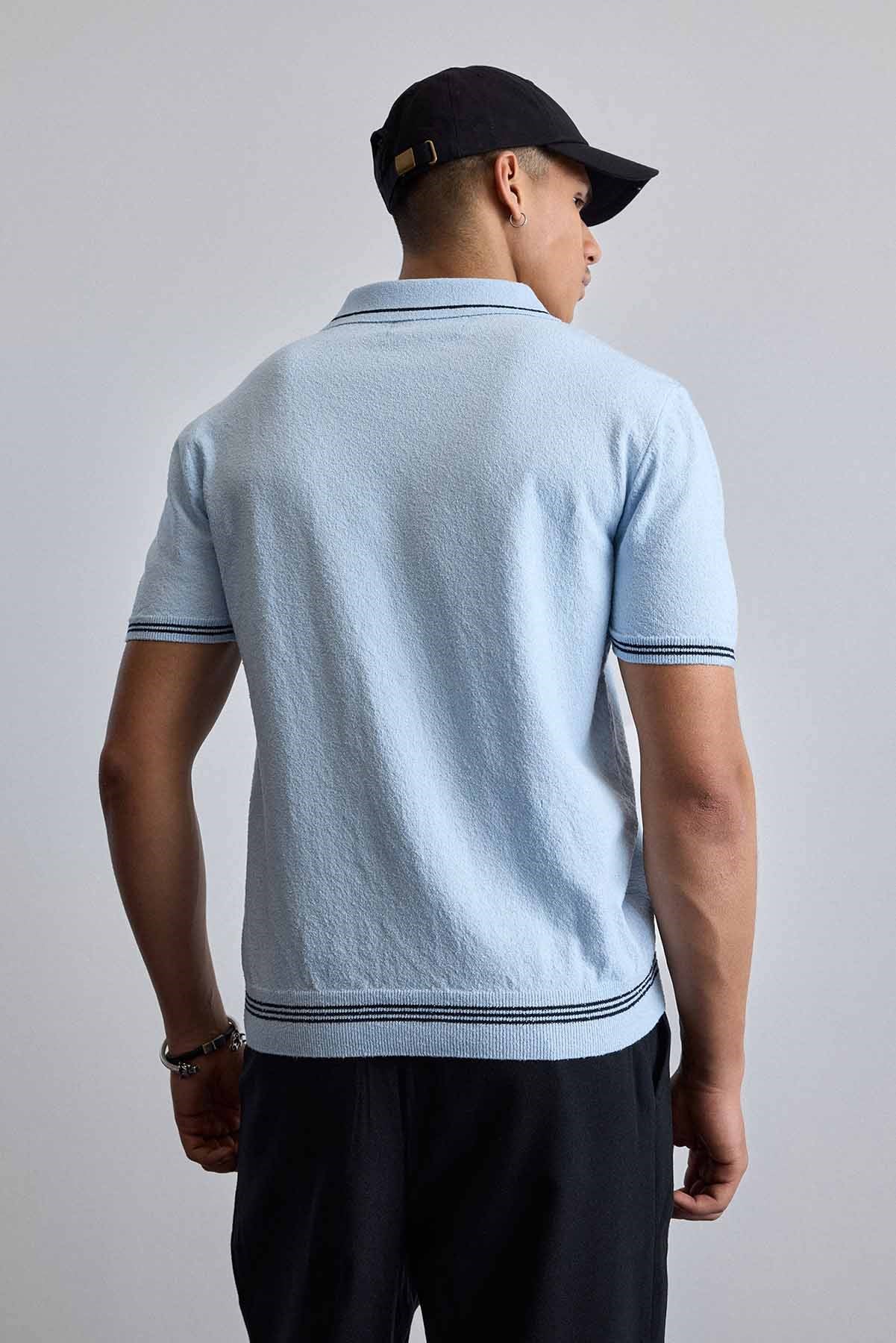 Erkek Regular Fit Saç Örgü Detaylı Triko Polo Yaka T Shirt Mavi