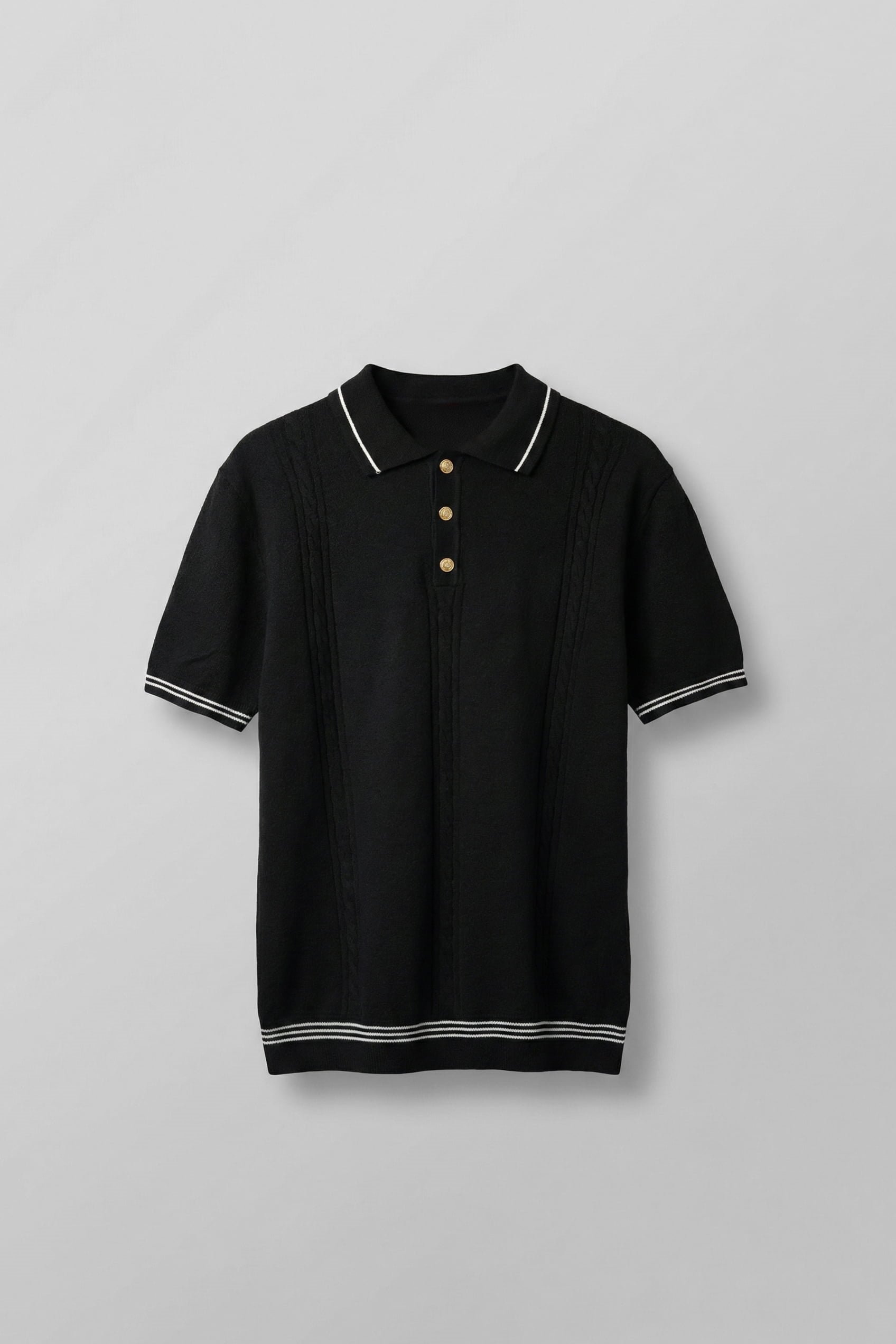 Erkek Regular Fit Saç Örgü Detaylı Triko Polo Yaka T Shirt Siyah