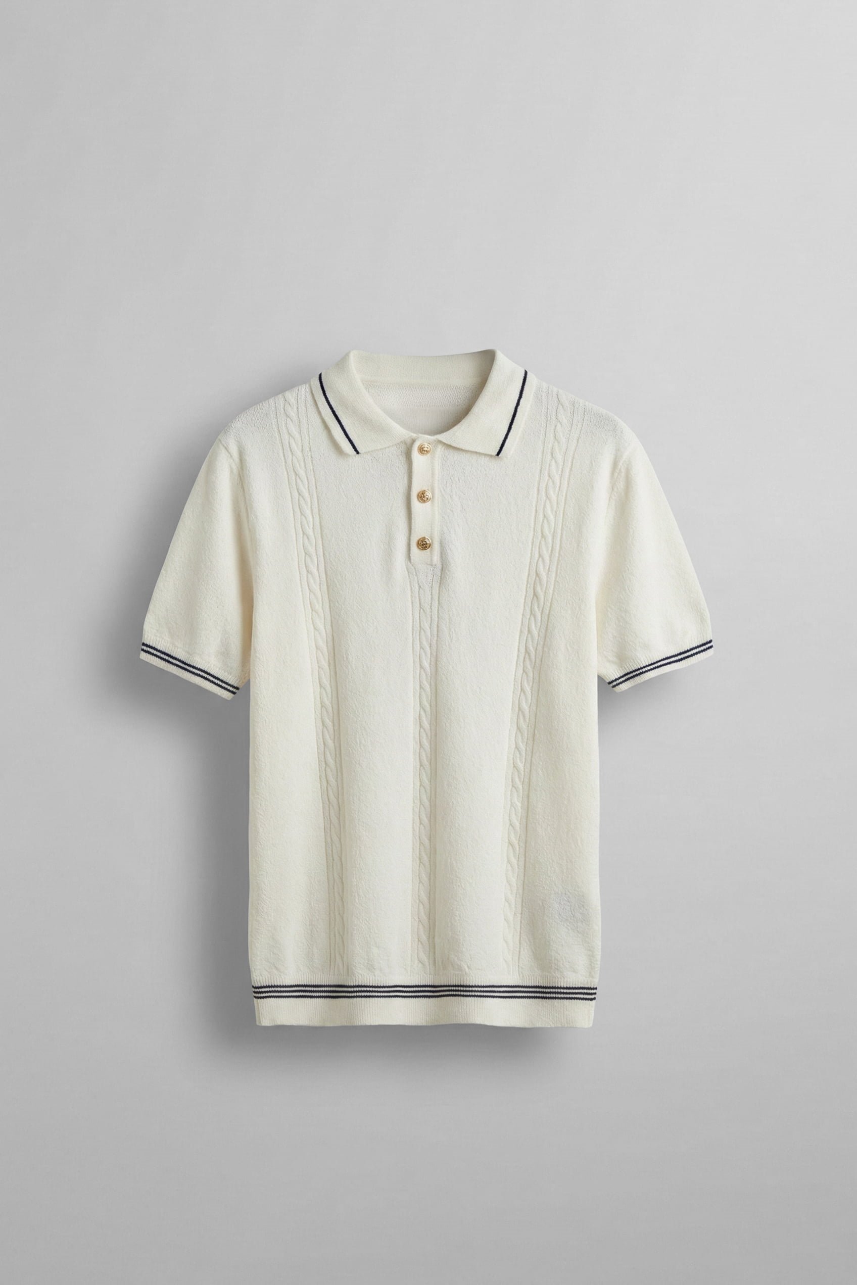 Erkek Regular Fit Saç Örgü Detaylı Triko Polo Yaka T Shirt Beyaz