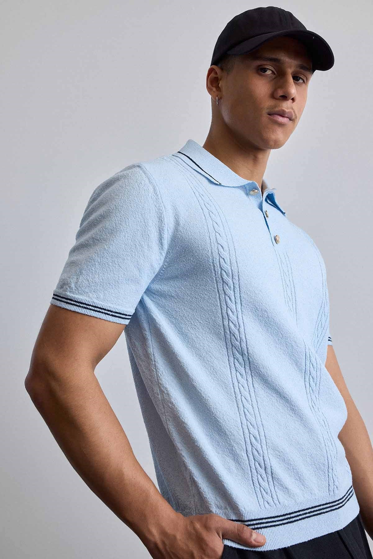 Erkek Regular Fit Saç Örgü Detaylı Triko Polo Yaka T Shirt Mavi