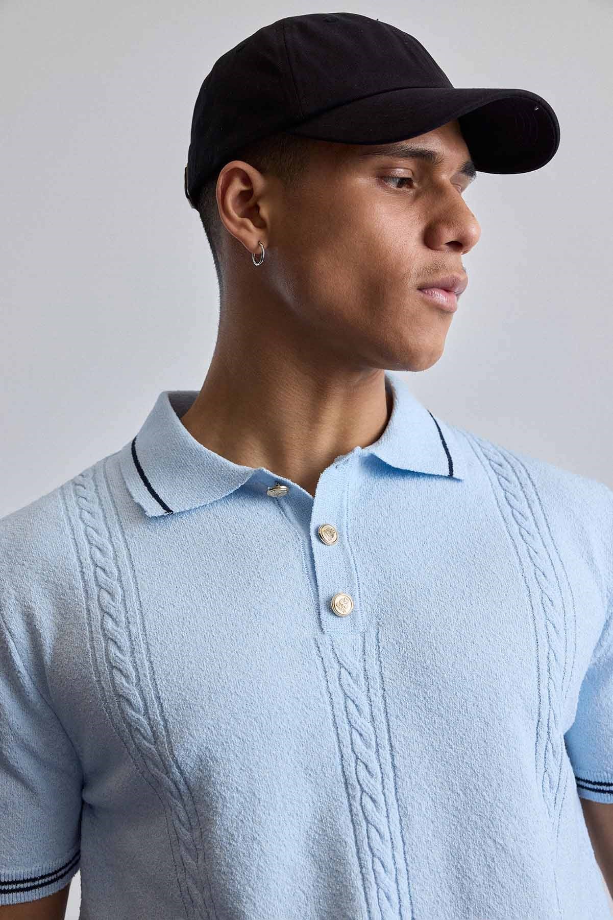 Erkek Regular Fit Saç Örgü Detaylı Triko Polo Yaka T Shirt Mavi