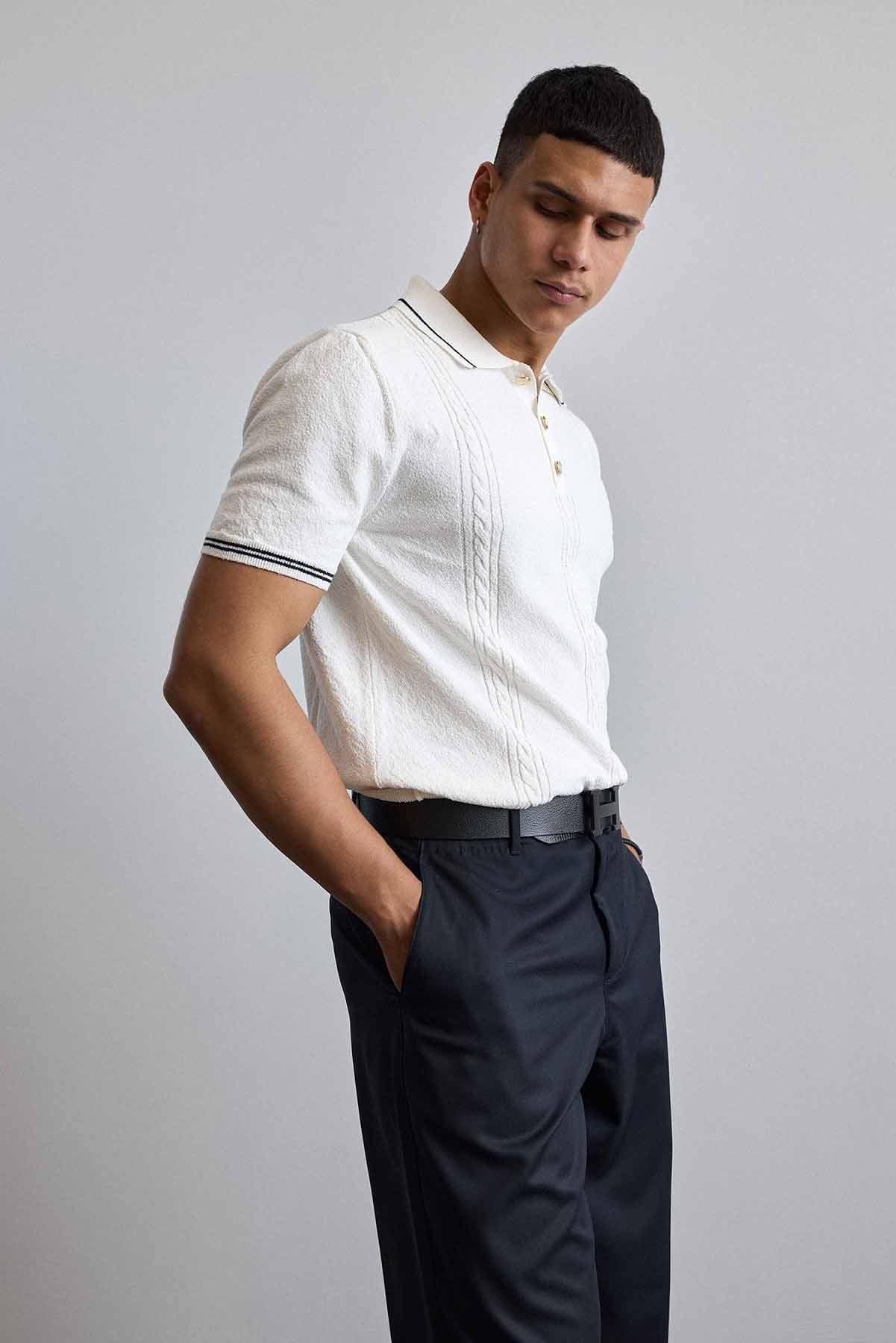 Erkek Regular Fit Saç Örgü Detaylı Triko Polo Yaka T Shirt Beyaz