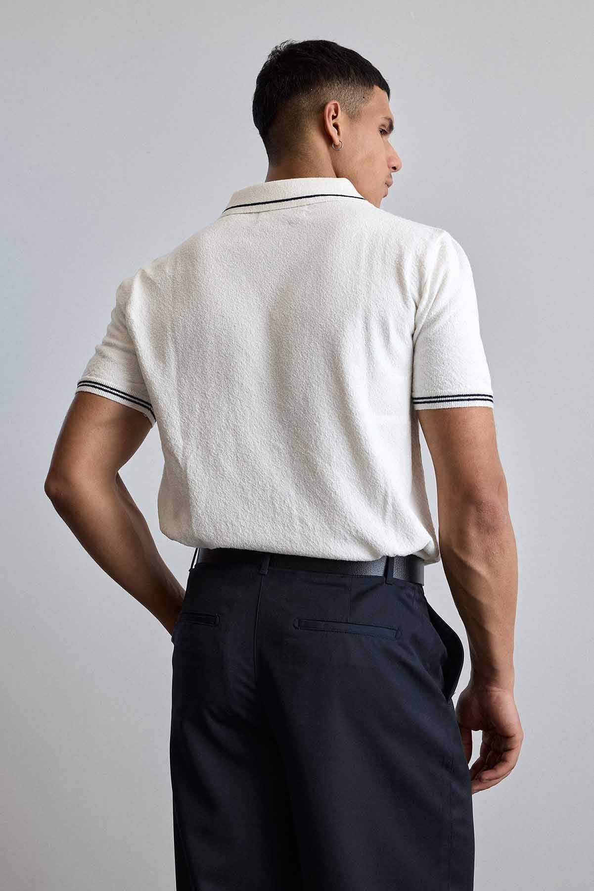 Erkek Regular Fit Saç Örgü Detaylı Triko Polo Yaka T Shirt Beyaz