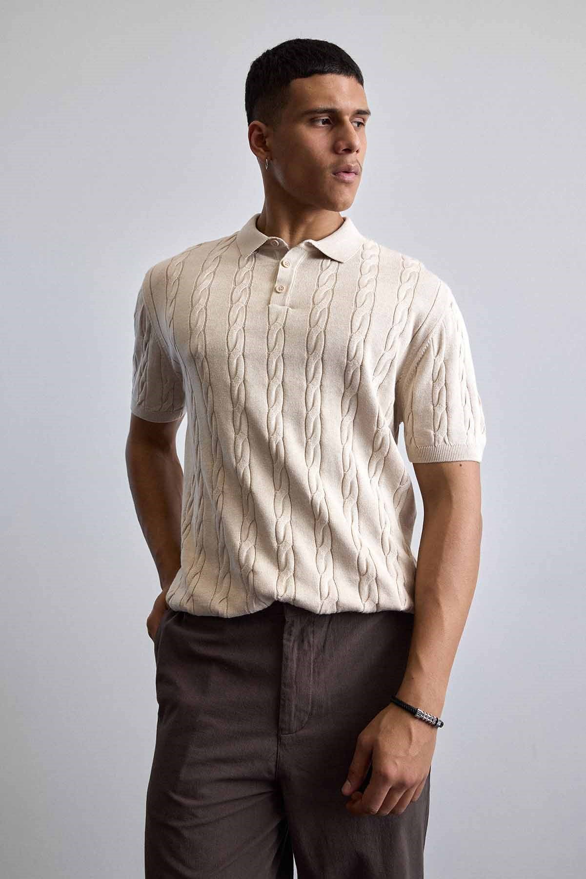 Erkek Regular Fit Saç Örgü Pamuklu Triko Polo Yaka T-Shirt Bej