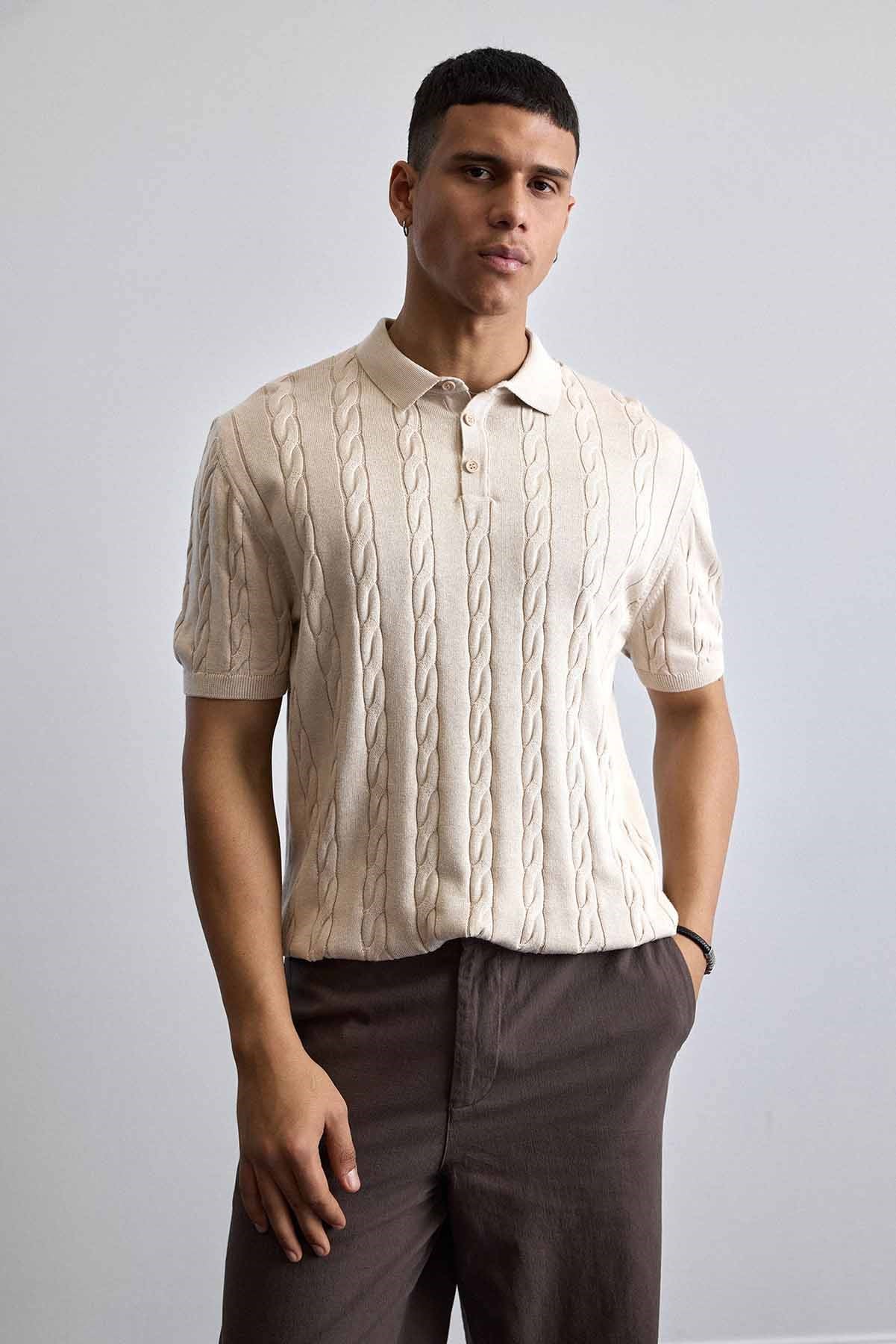 Erkek Regular Fit Saç Örgü Pamuklu Triko Polo Yaka T-Shirt Bej