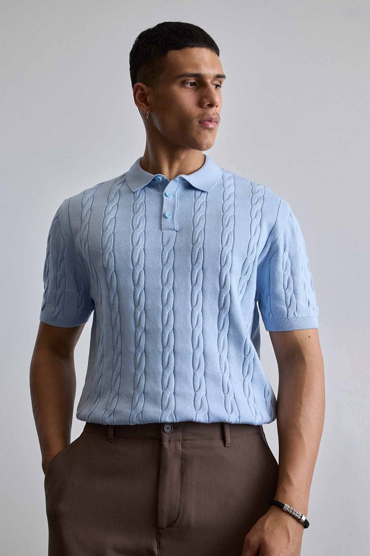 Erkek Regular Fit Saç Örgü Pamuklu Triko Polo Yaka T-Shirt Mavi
