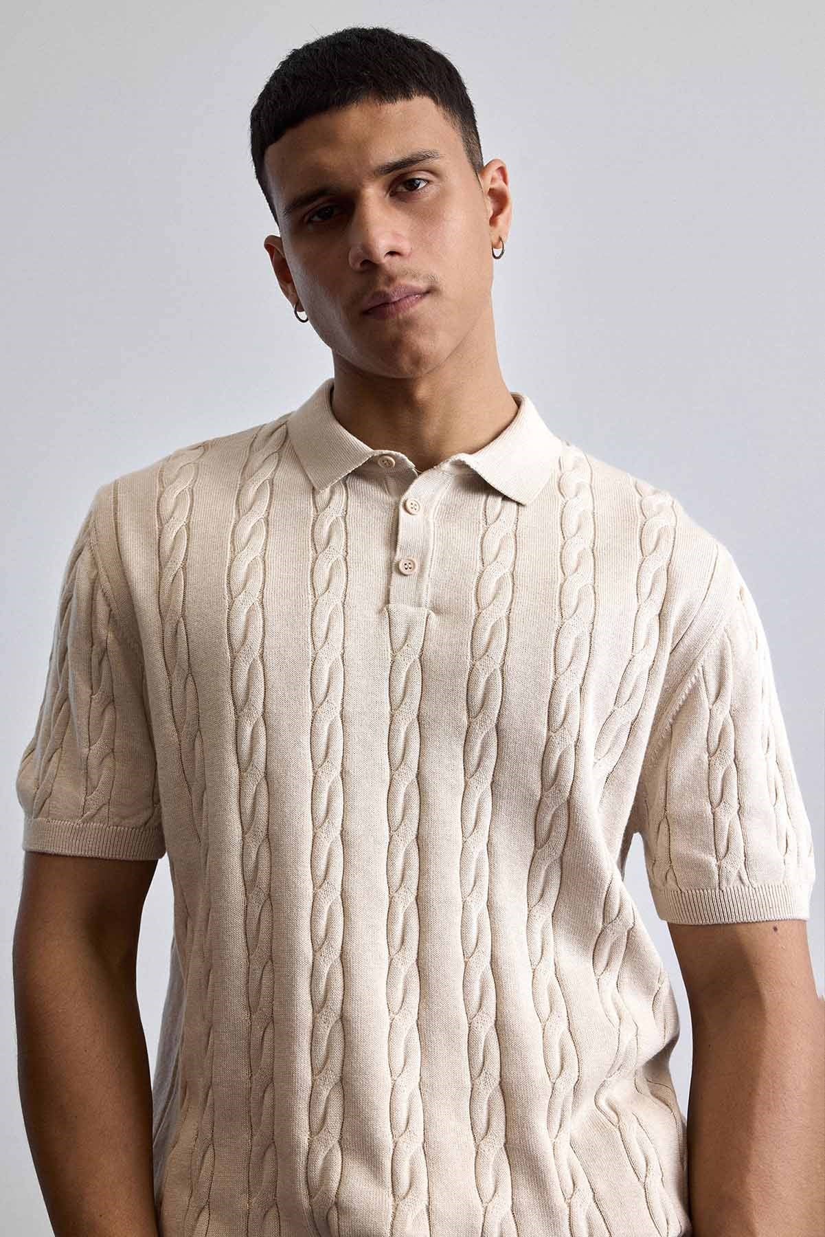 Erkek Regular Fit Saç Örgü Pamuklu Triko Polo Yaka T-Shirt Bej