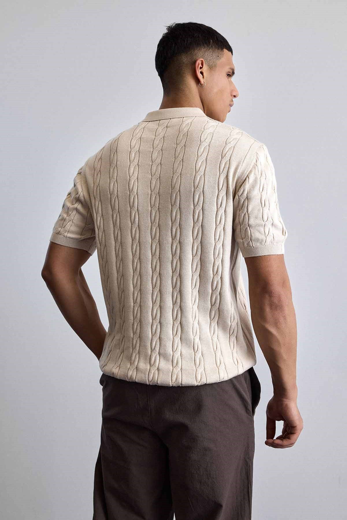 Erkek Regular Fit Saç Örgü Pamuklu Triko Polo Yaka T-Shirt Bej