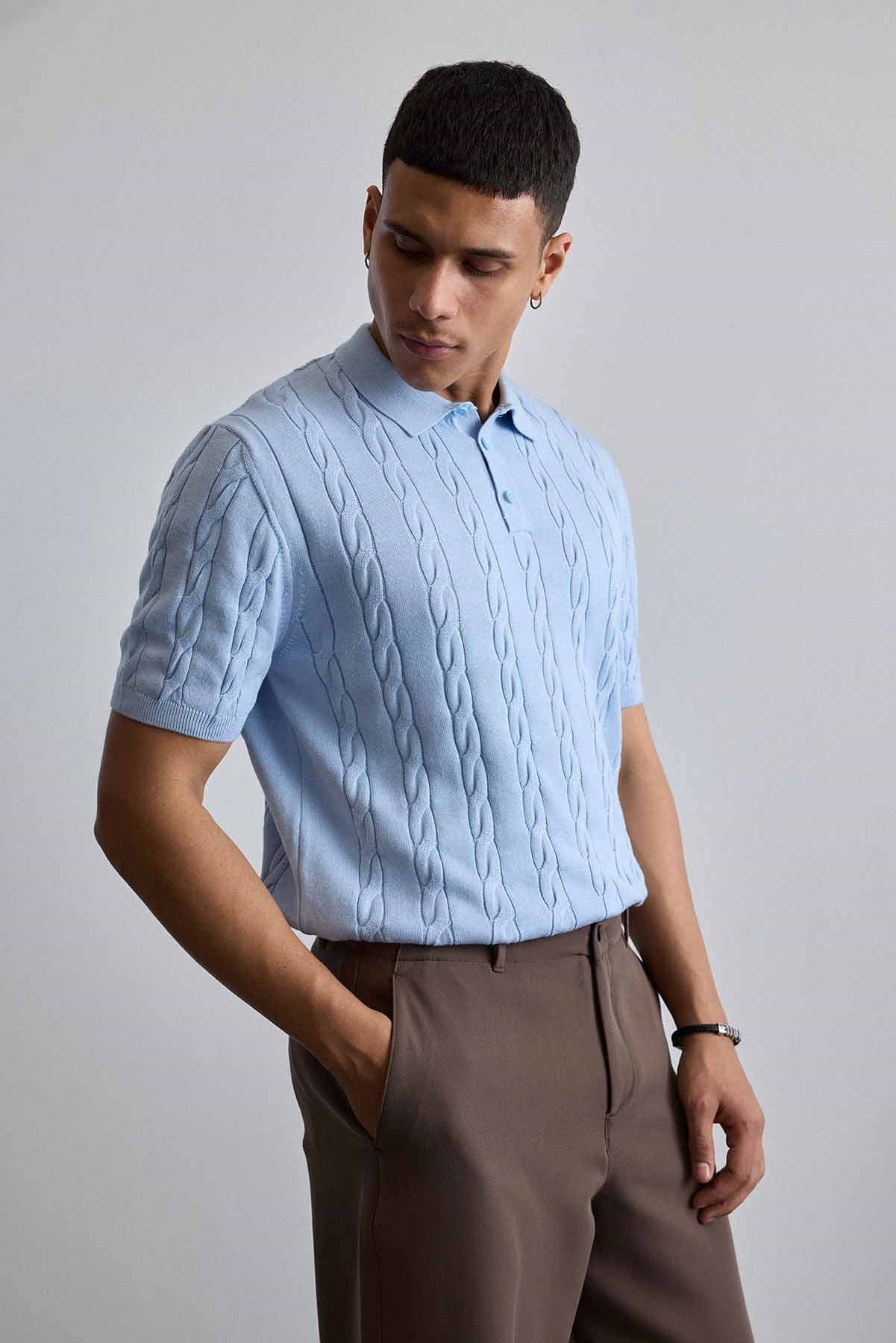 Erkek Regular Fit Saç Örgü Pamuklu Triko Polo Yaka T-Shirt Mavi