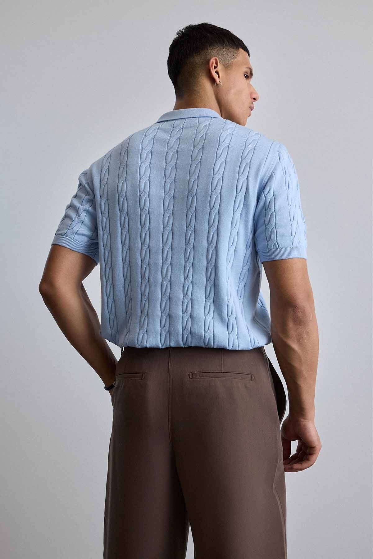 Erkek Regular Fit Saç Örgü Pamuklu Triko Polo Yaka T-Shirt Mavi