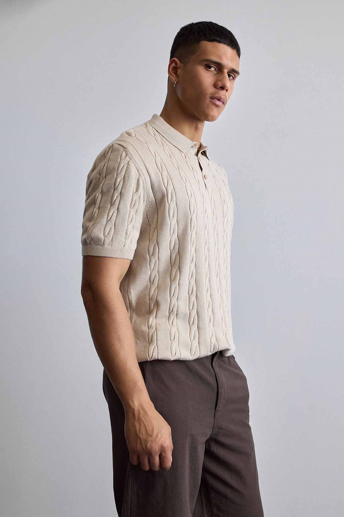 Erkek Regular Fit Saç Örgü Pamuklu Triko Polo Yaka T-Shirt Bej