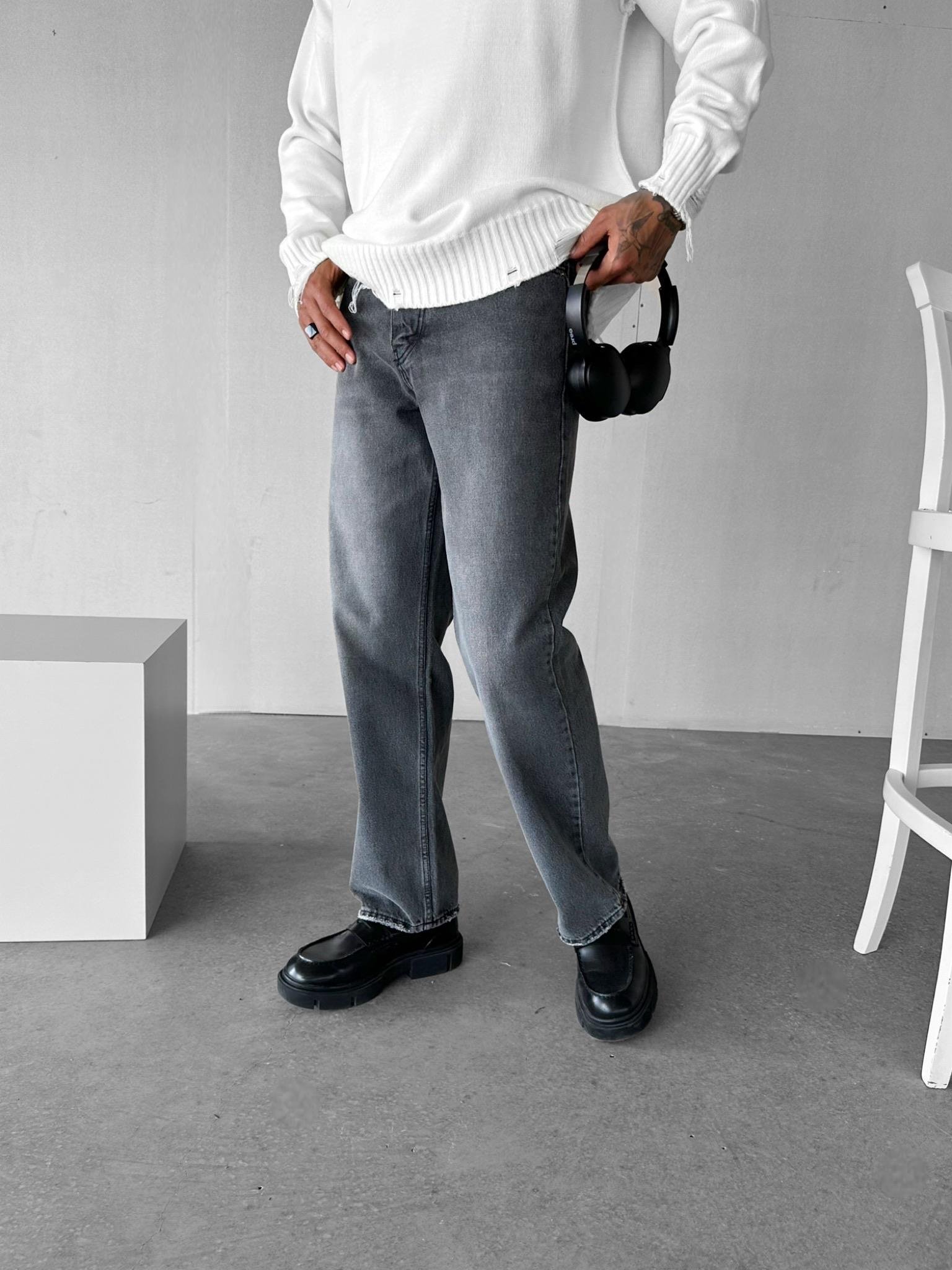 Erkek Regular Fit Yıkamalı Jean Pantolon Gri