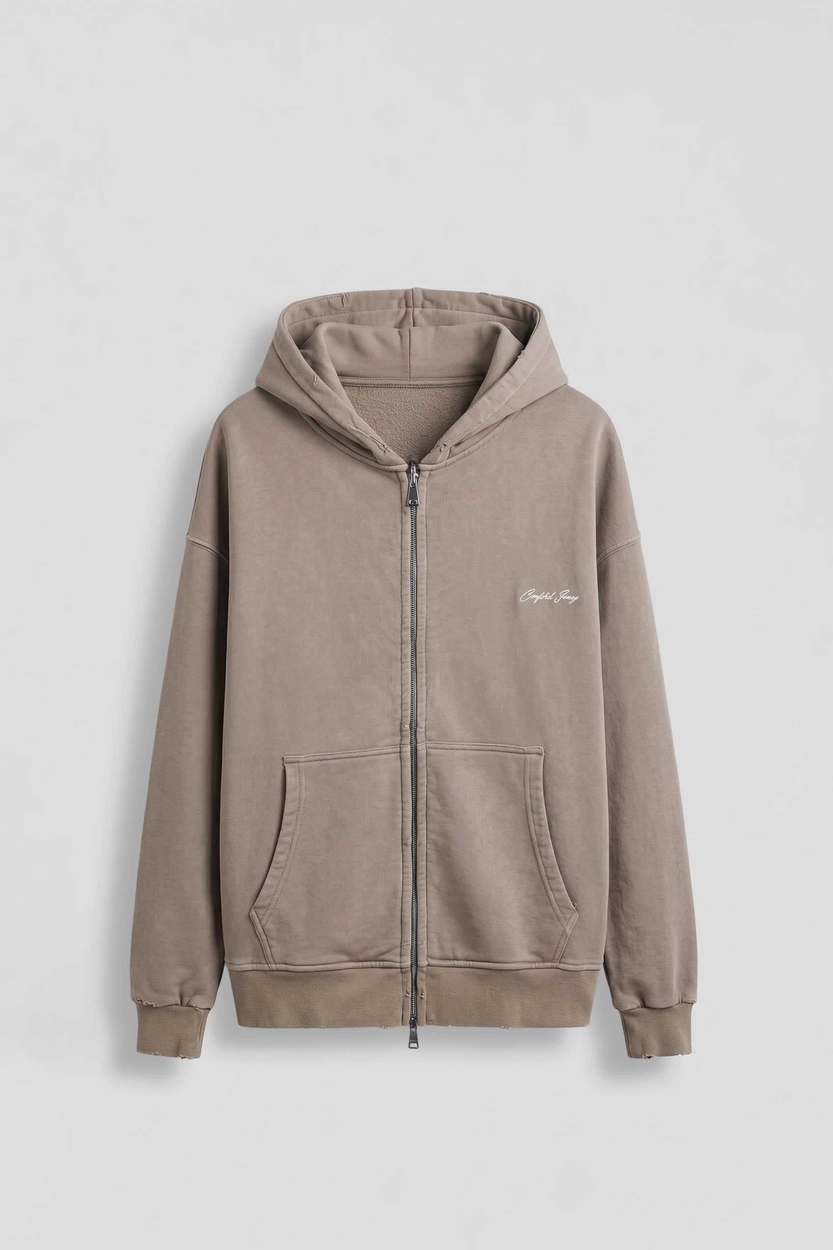 Erkek Relax Fit Yıkamalı Kapüşonlu Sweatshirt Koyu Bej