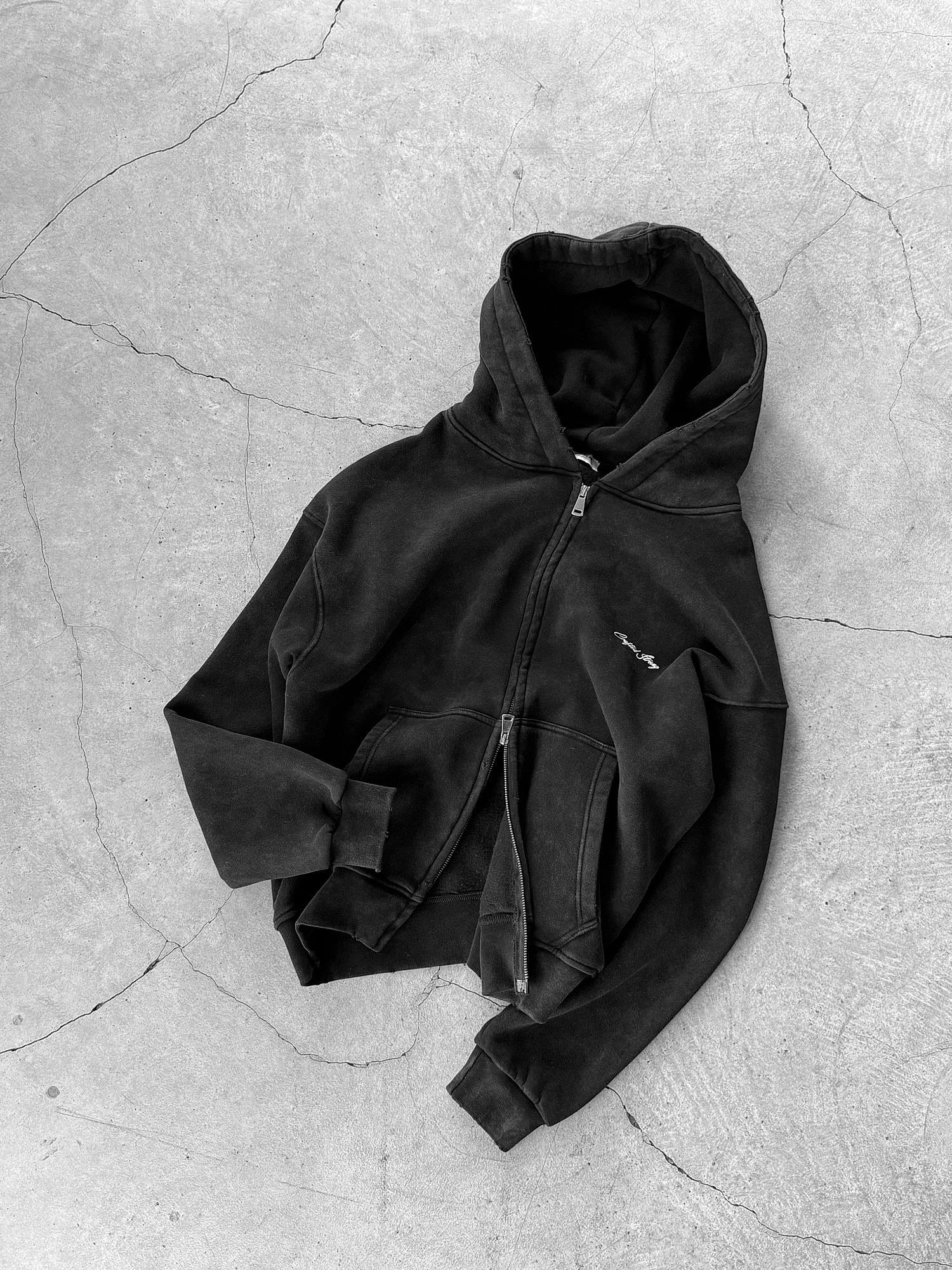 Erkek Relax Fit Yıkamalı Kapüşonlu Sweatshirt Siyah