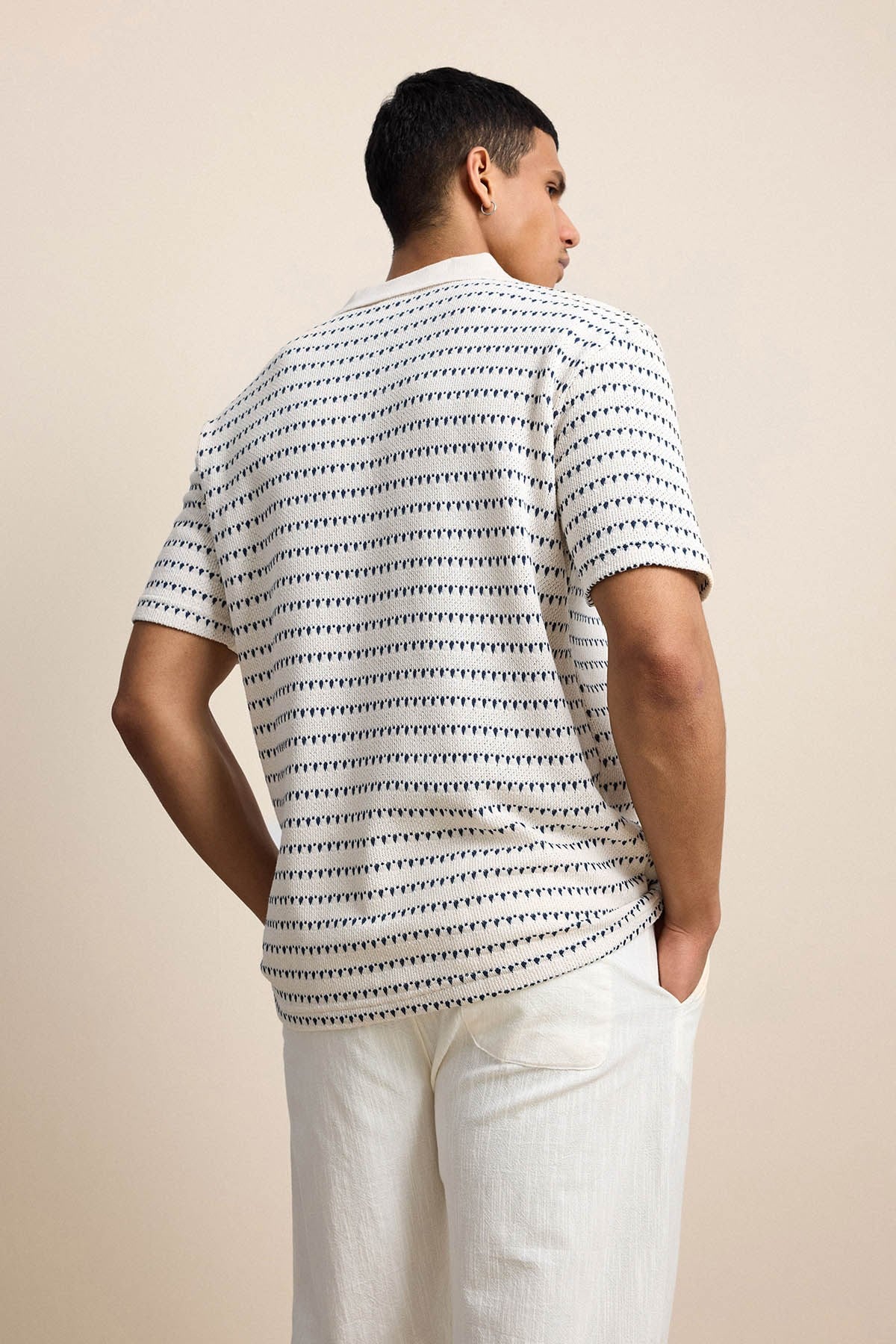 Erkek Relaxed Fit Ajurlu Örme Polo Yaka T-Shirt Ekru