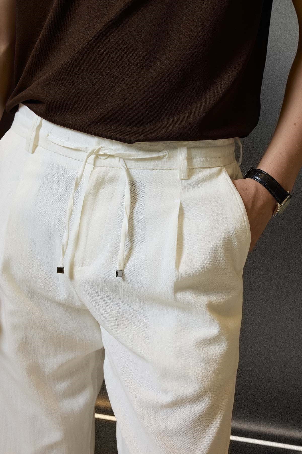 Erkek Relaxed Fit Bağcıklı Rahat Kalıp Pantolon Beyaz