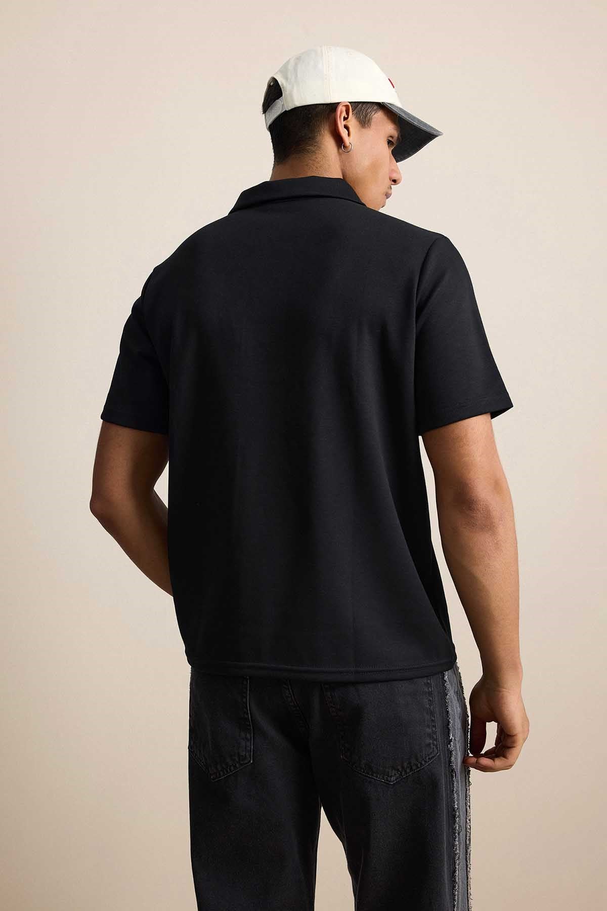 Erkek Relaxed Fit Basic Polo Yaka T-Shirt Siyah