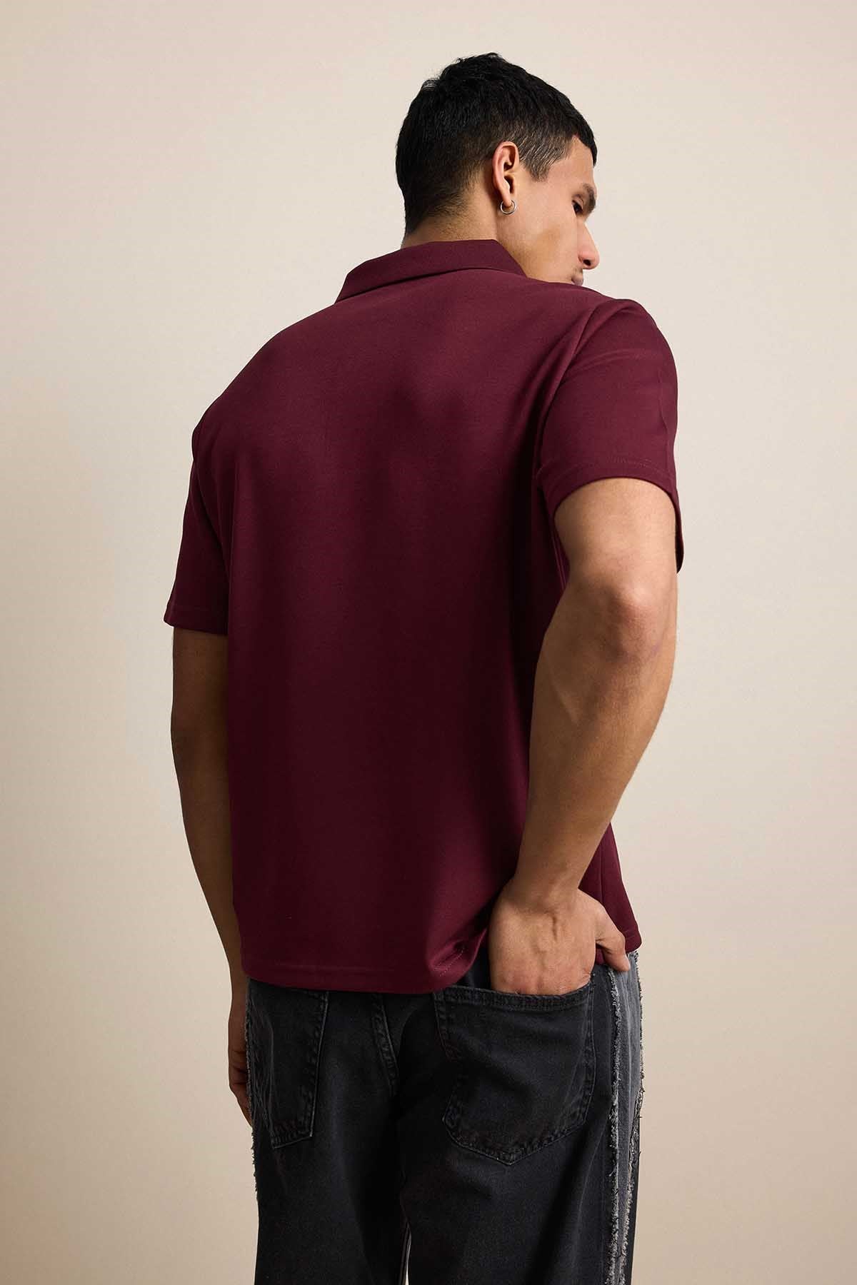 Erkek Relaxed Fit Basic Polo Yaka T-Shirt Bordo