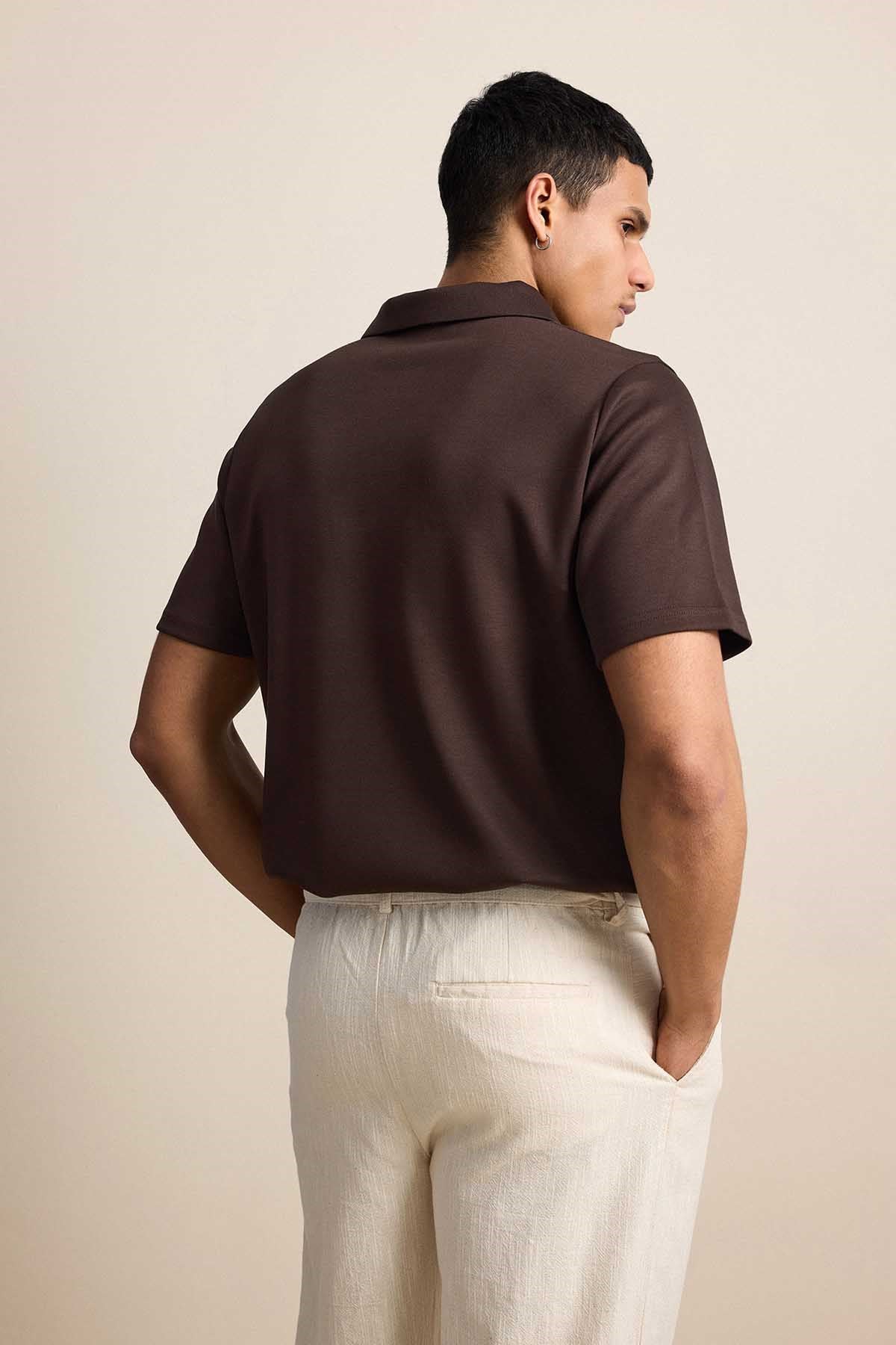 Erkek Relaxed Fit Basic Polo Yaka T-Shirt Kahverengi