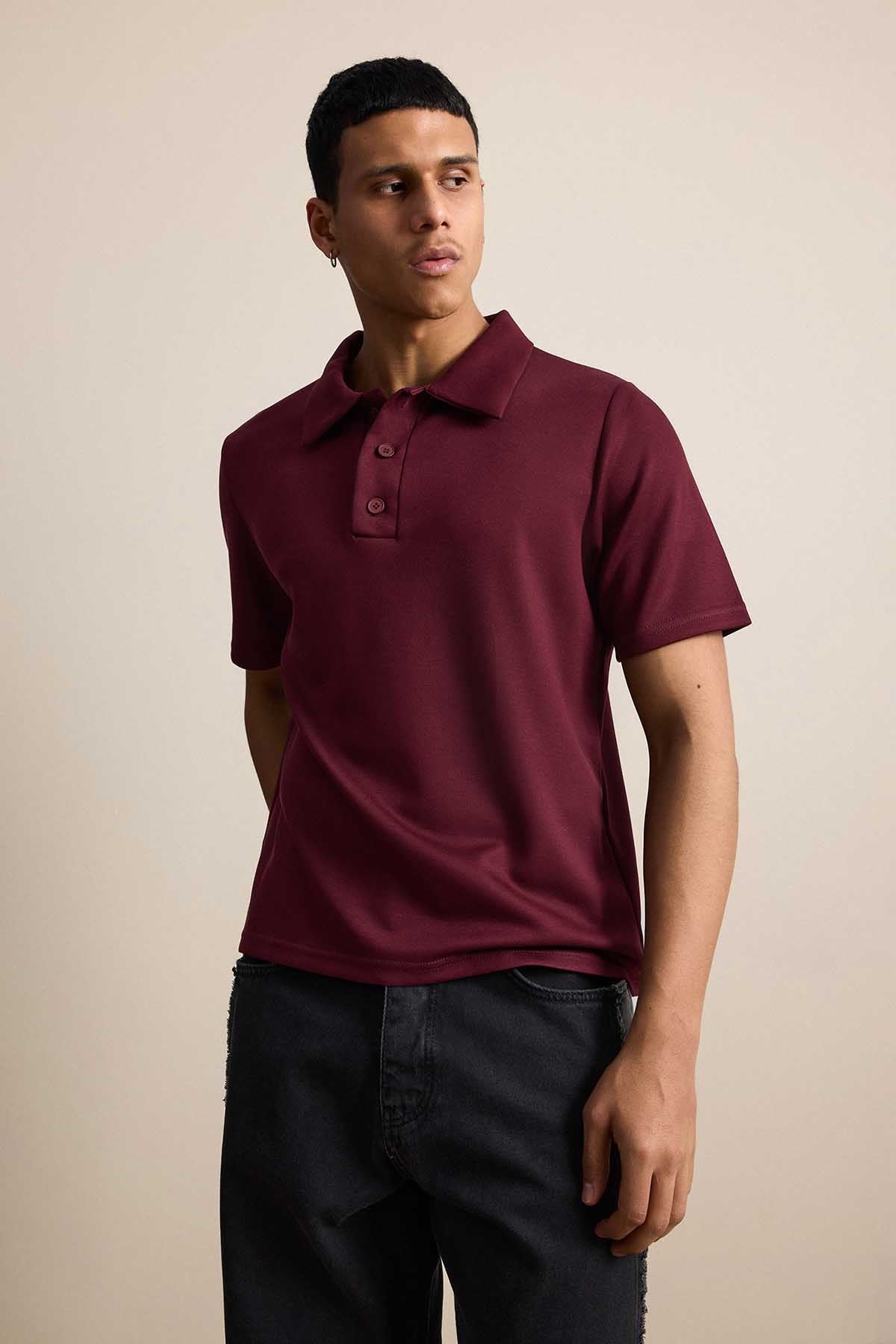 Erkek Relaxed Fit Basic Polo Yaka T-Shirt Bordo