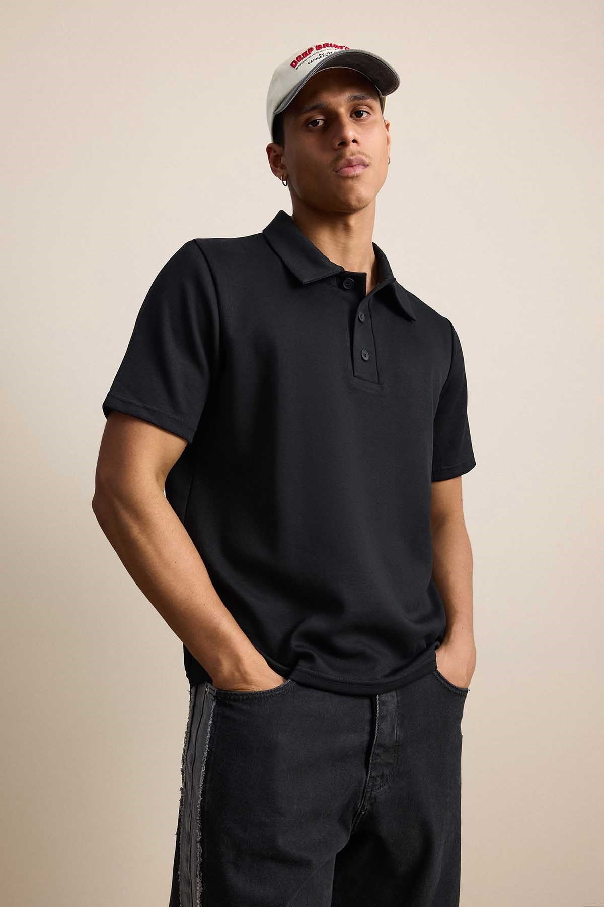 Erkek Relaxed Fit Basic Polo Yaka T-Shirt Siyah