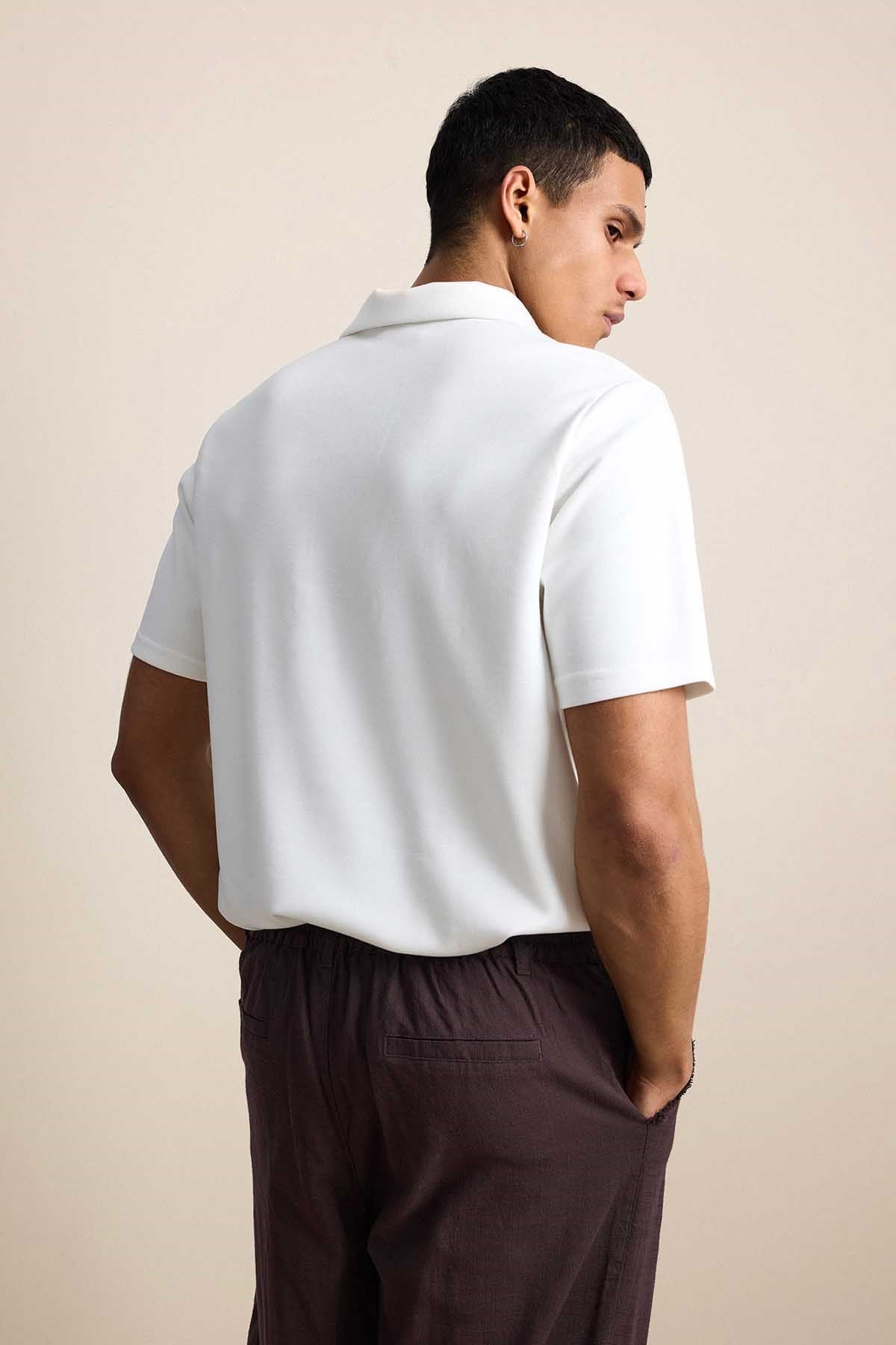 Erkek Relaxed Fit Basic Polo Yaka T-Shirt Ekru