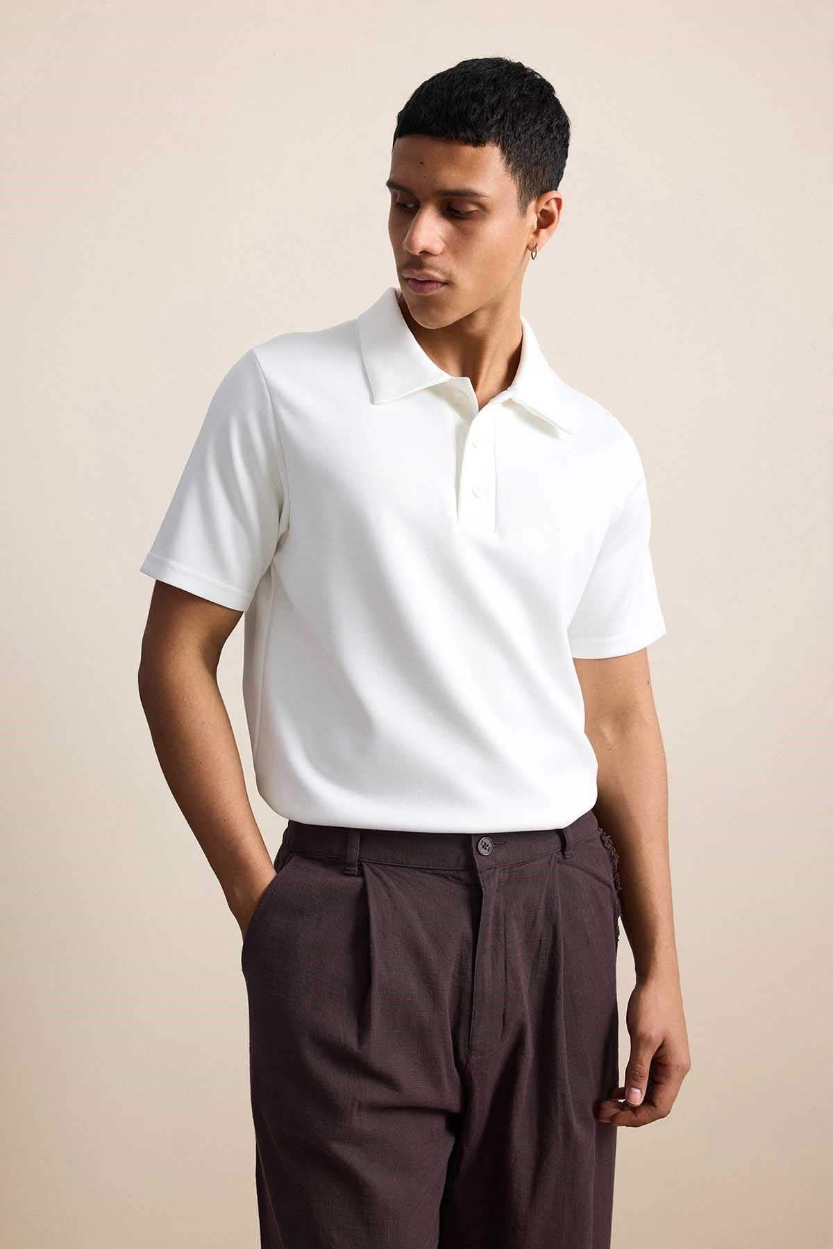 Erkek Relaxed Fit Basic Polo Yaka T-Shirt Ekru