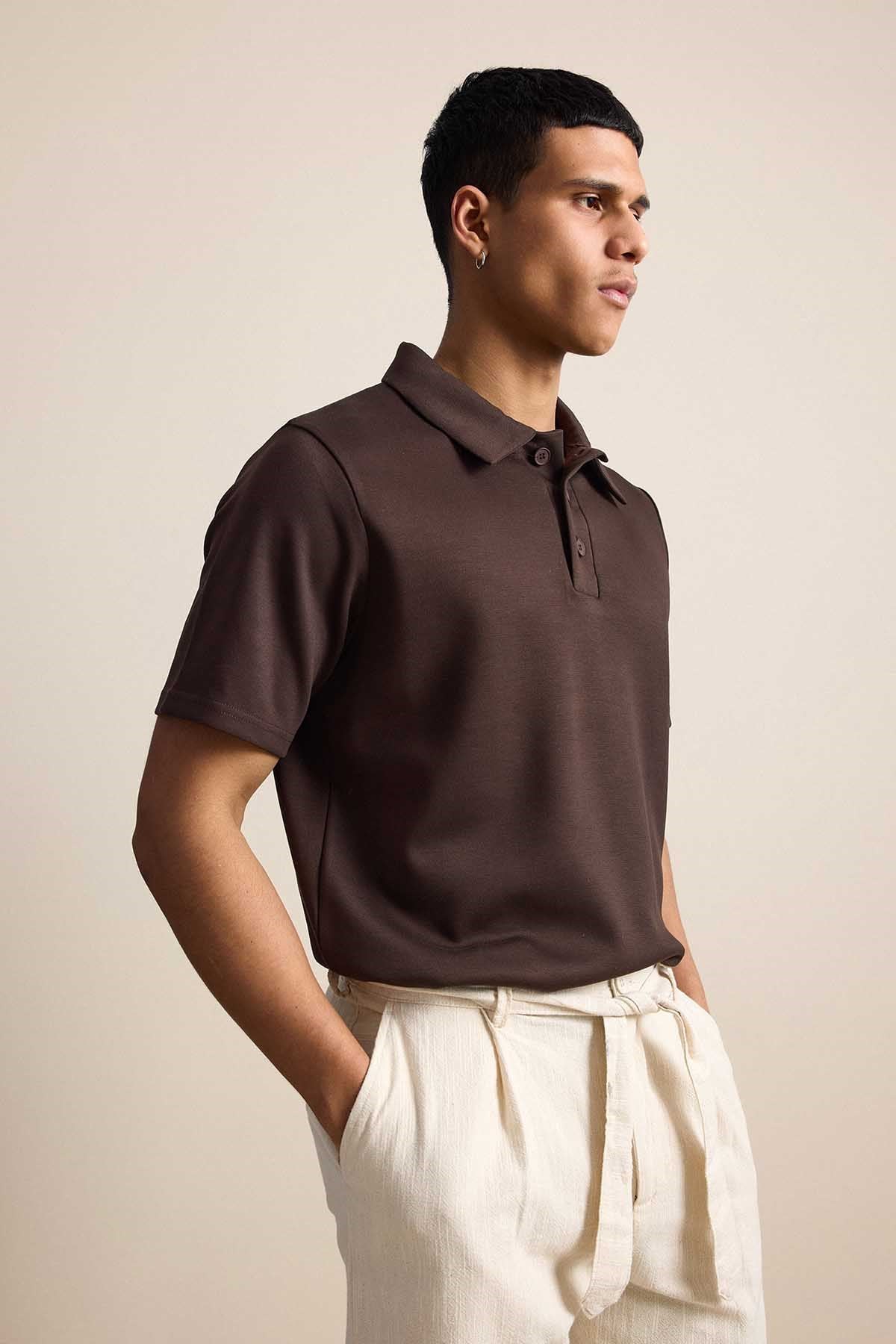 Erkek Relaxed Fit Basic Polo Yaka T-Shirt Kahverengi