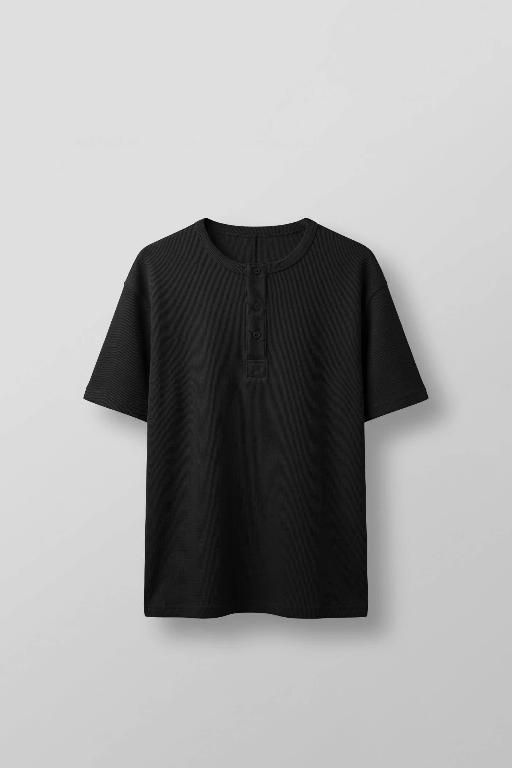 Erkek Relaxed Fit Fitilli Örme Düğmeli Yaka T-Shirt Siyah