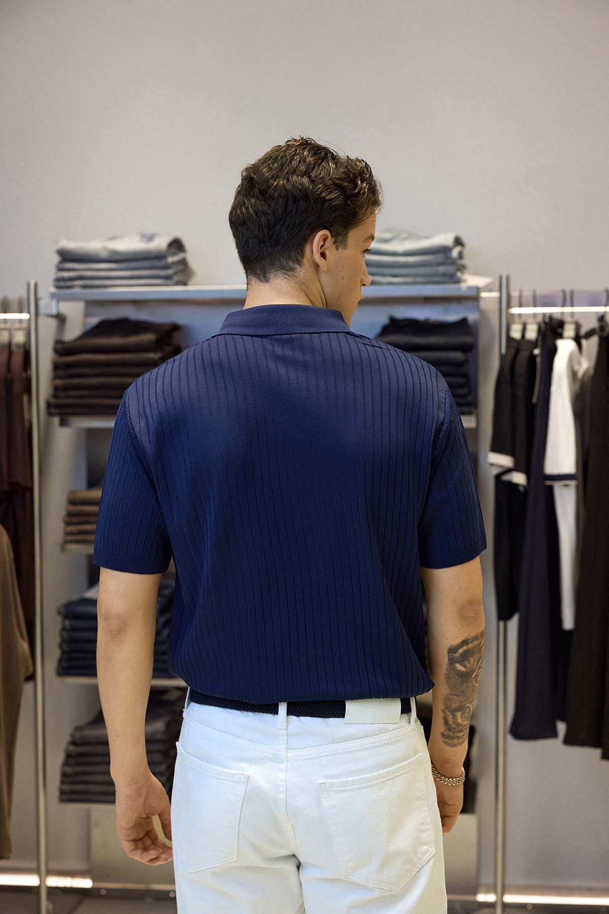 Erkek Relaxed Fit Fitilli Triko Polo Yaka T-Shirt Lacivert