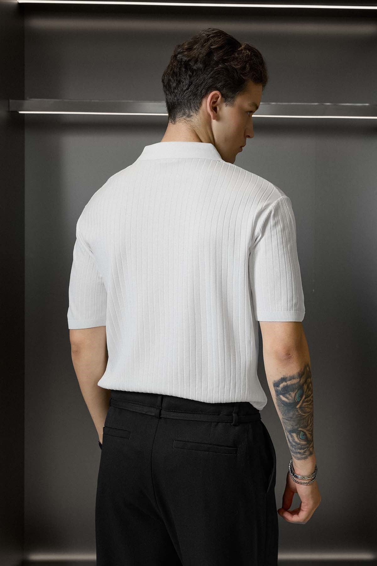 Erkek Relaxed Fit Fitilli Triko Polo Yaka T-Shirt Beyaz