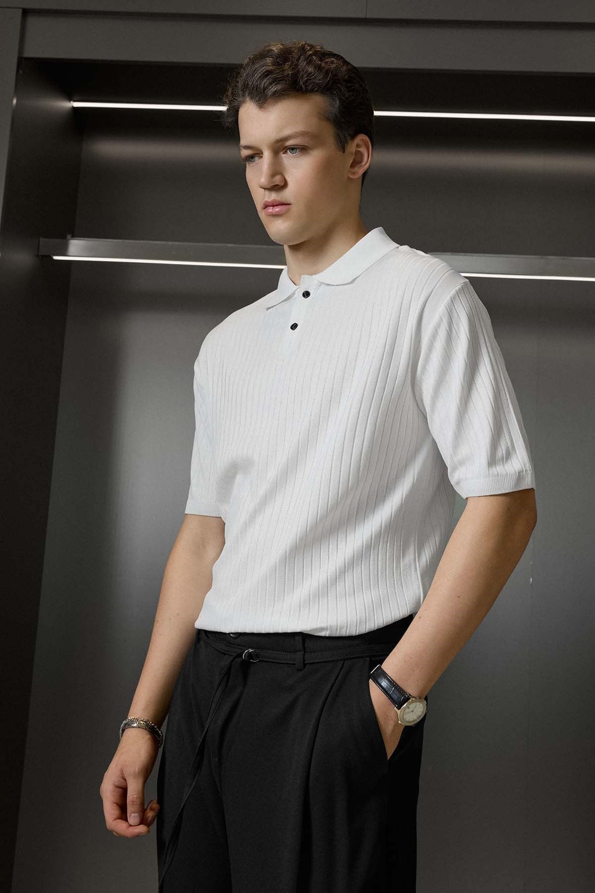 Erkek Relaxed Fit Fitilli Triko Polo Yaka T-Shirt Beyaz