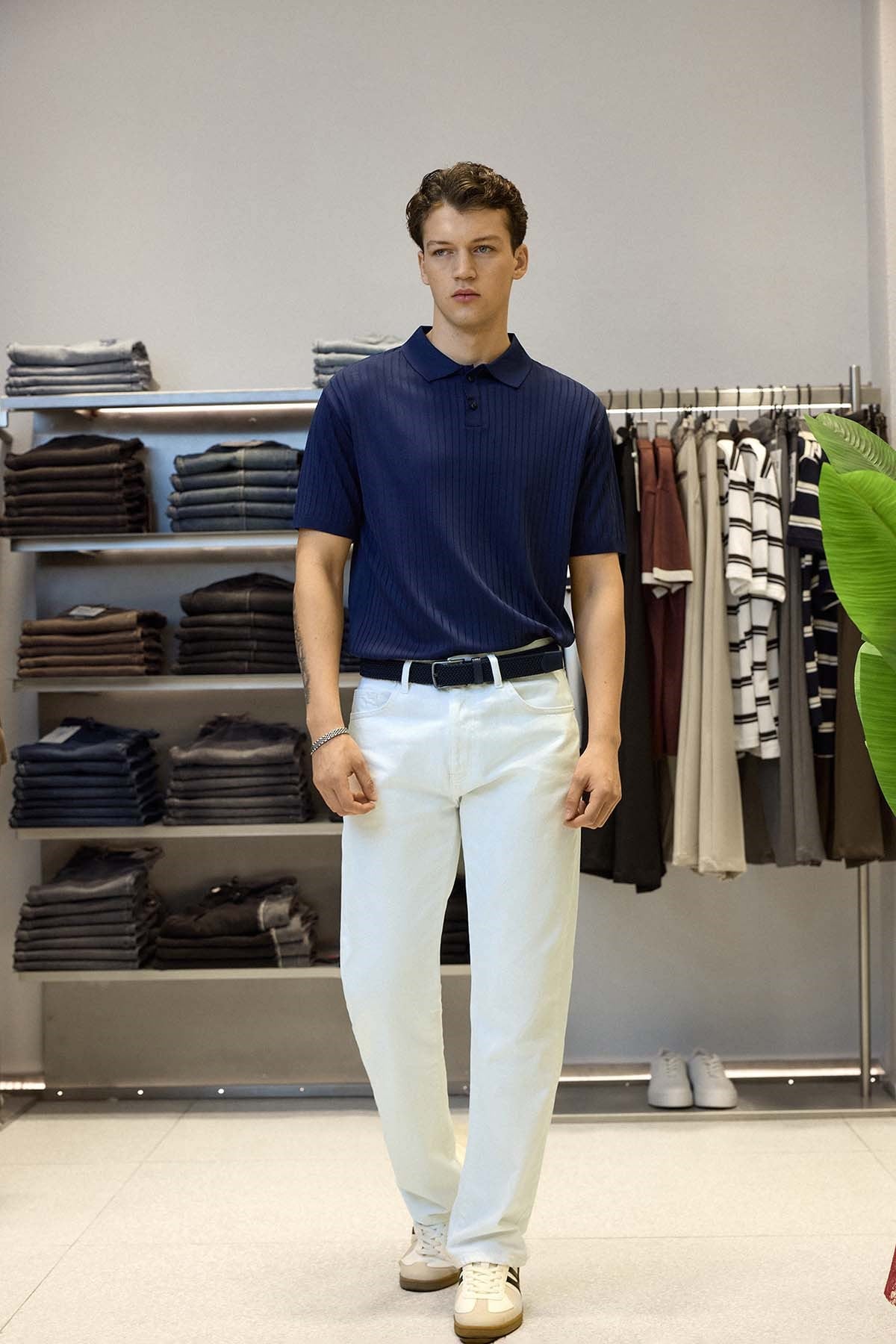 Erkek Relaxed Fit Fitilli Triko Polo Yaka T-Shirt Lacivert